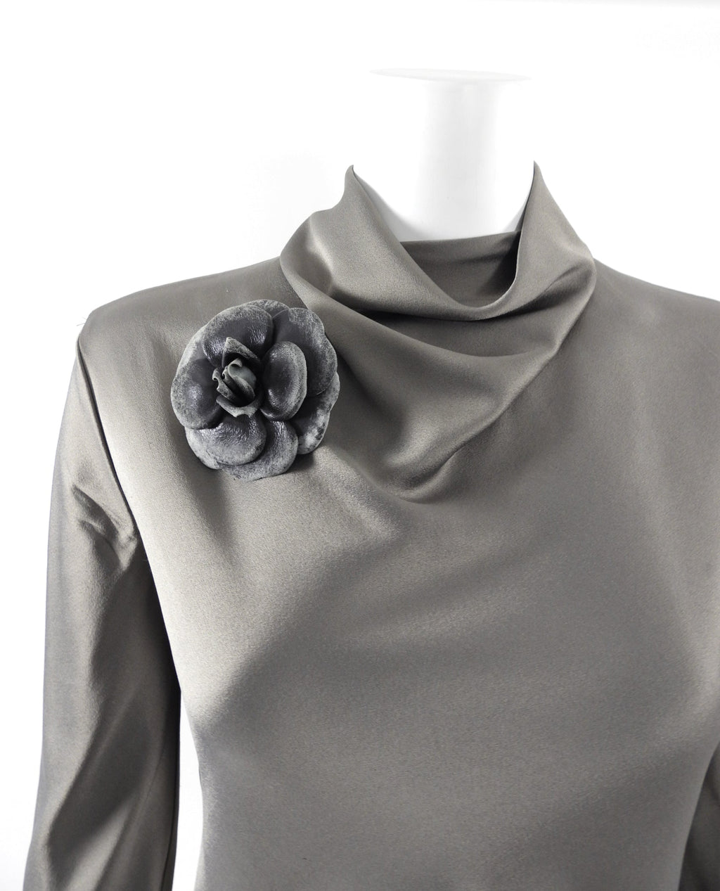 Chanel Grey Distressed Camelia Flower Brooch / Pin