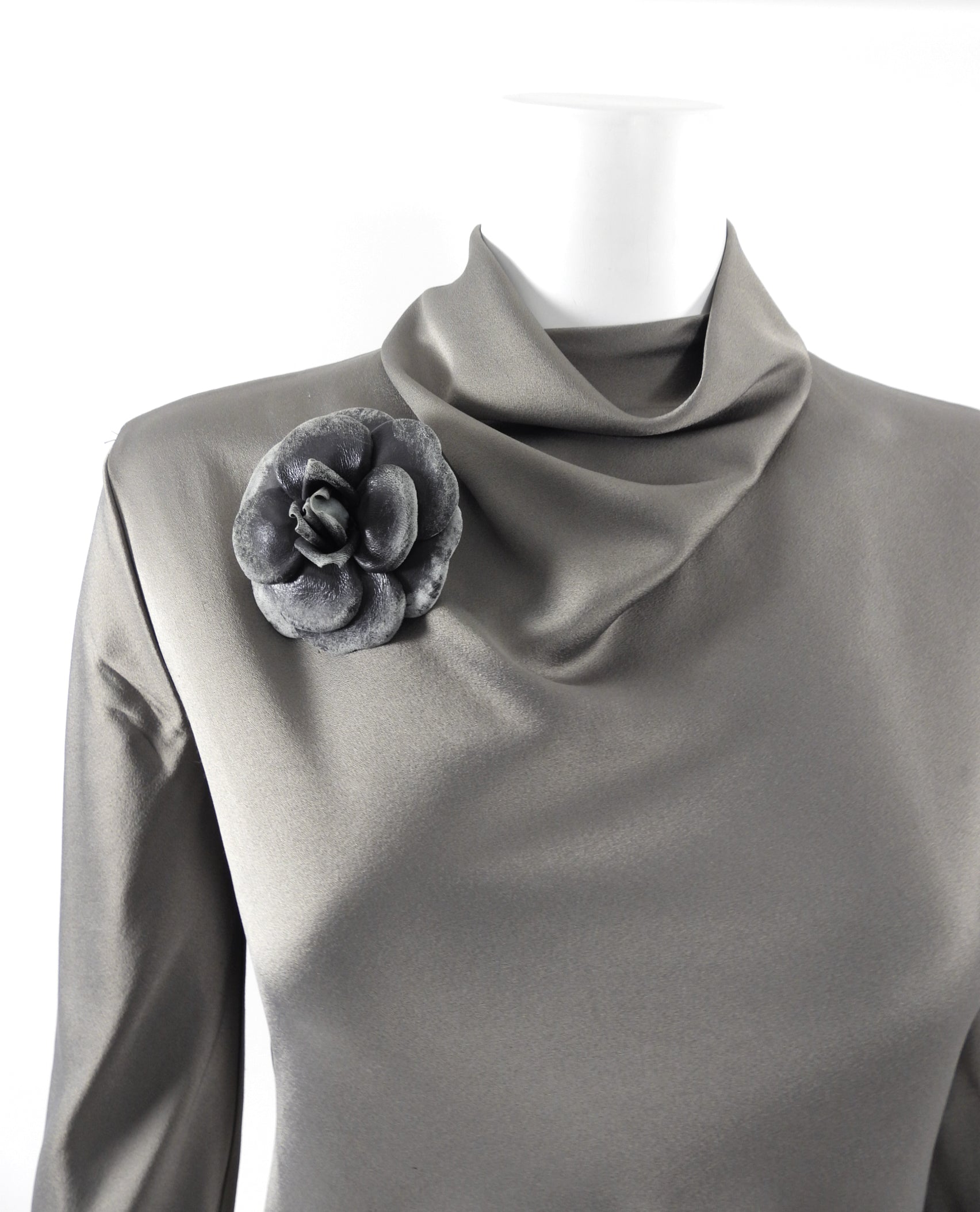 Chanel Grey Distressed Camelia Flower Brooch / Pin