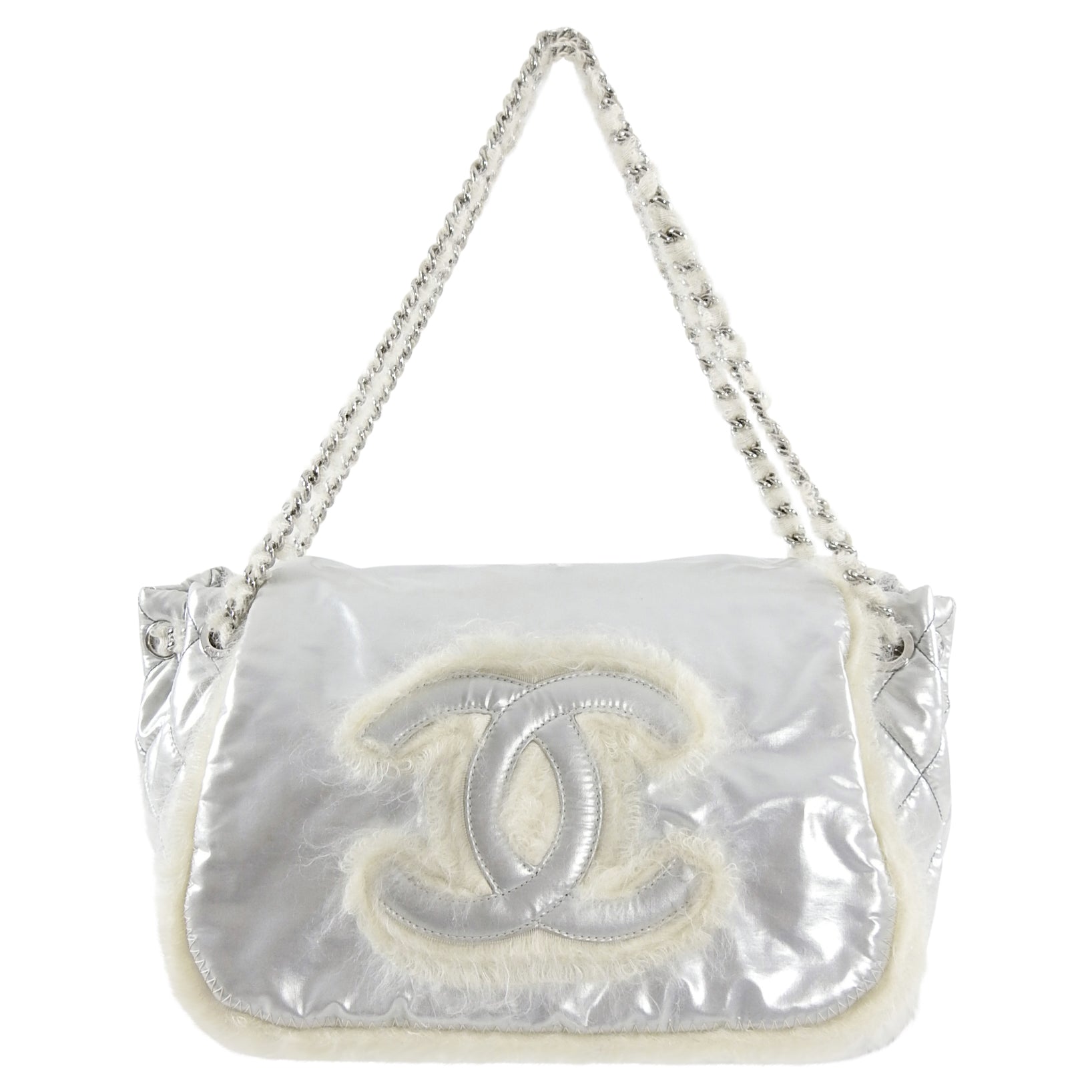 Chanel XL Silver Polar Flap CC Logo Flap Shoulder Bag