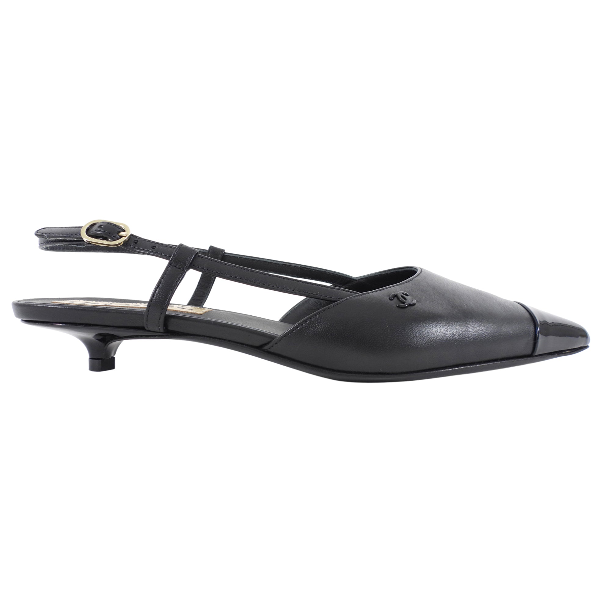 Chanel 22K Black Leather Cap Toe Slingback Kitten Heels - 36.5C