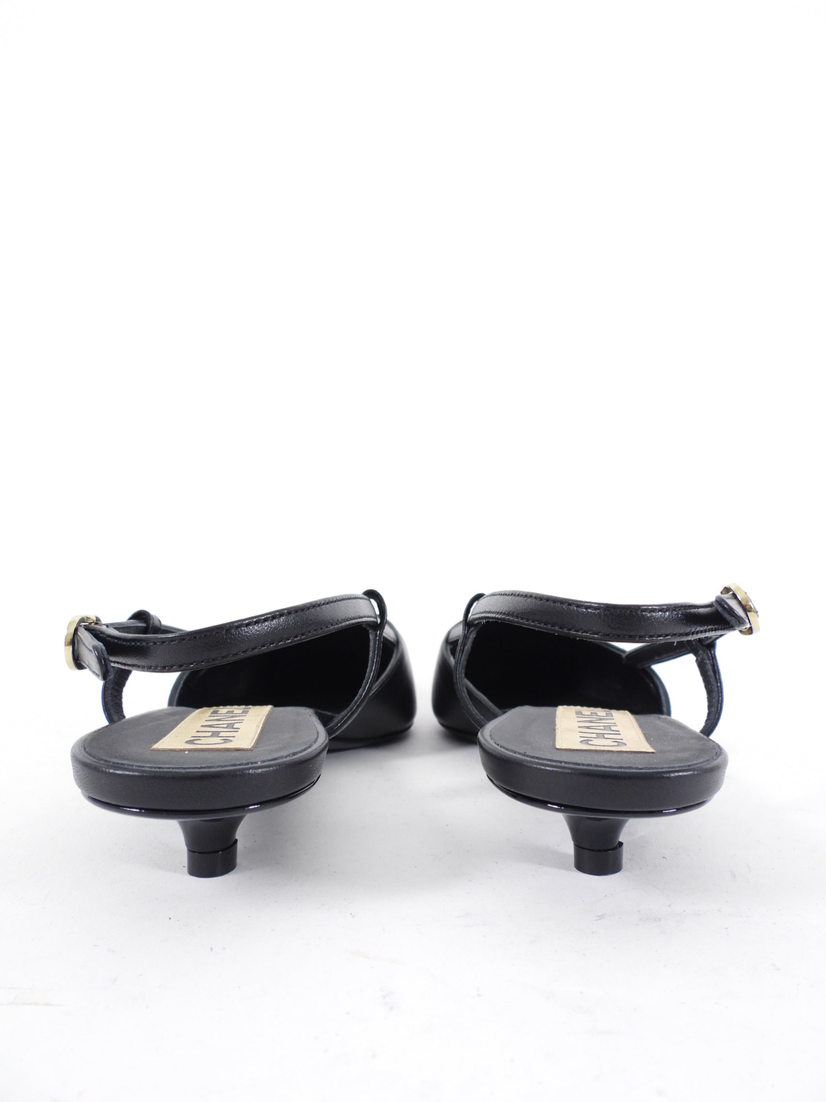 Chanel 22K Black Leather Cap Toe Slingback Kitten Heels - 36.5C