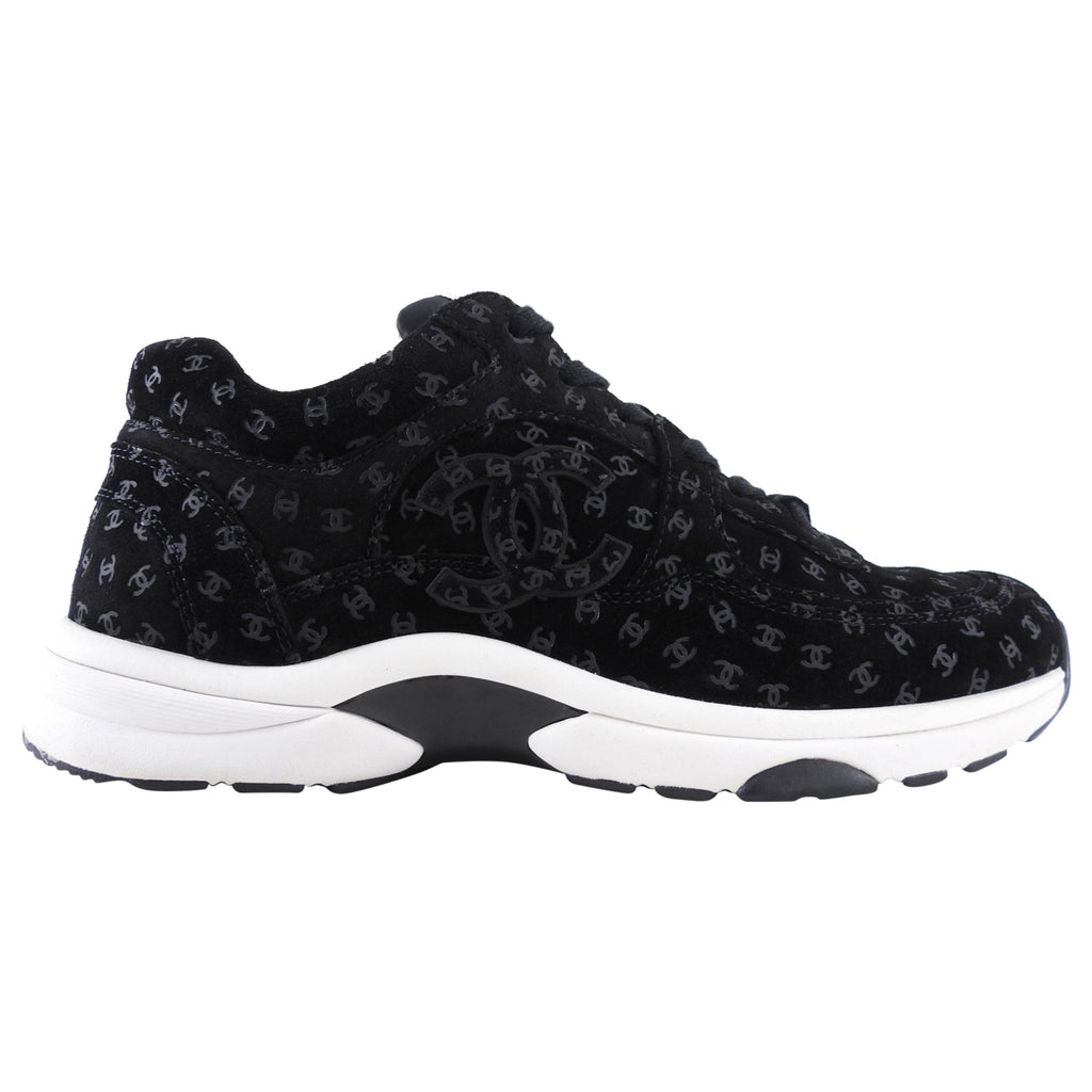 Chanel 22A Black Suede Interlocking CC All Over Logo Sneakers - 40