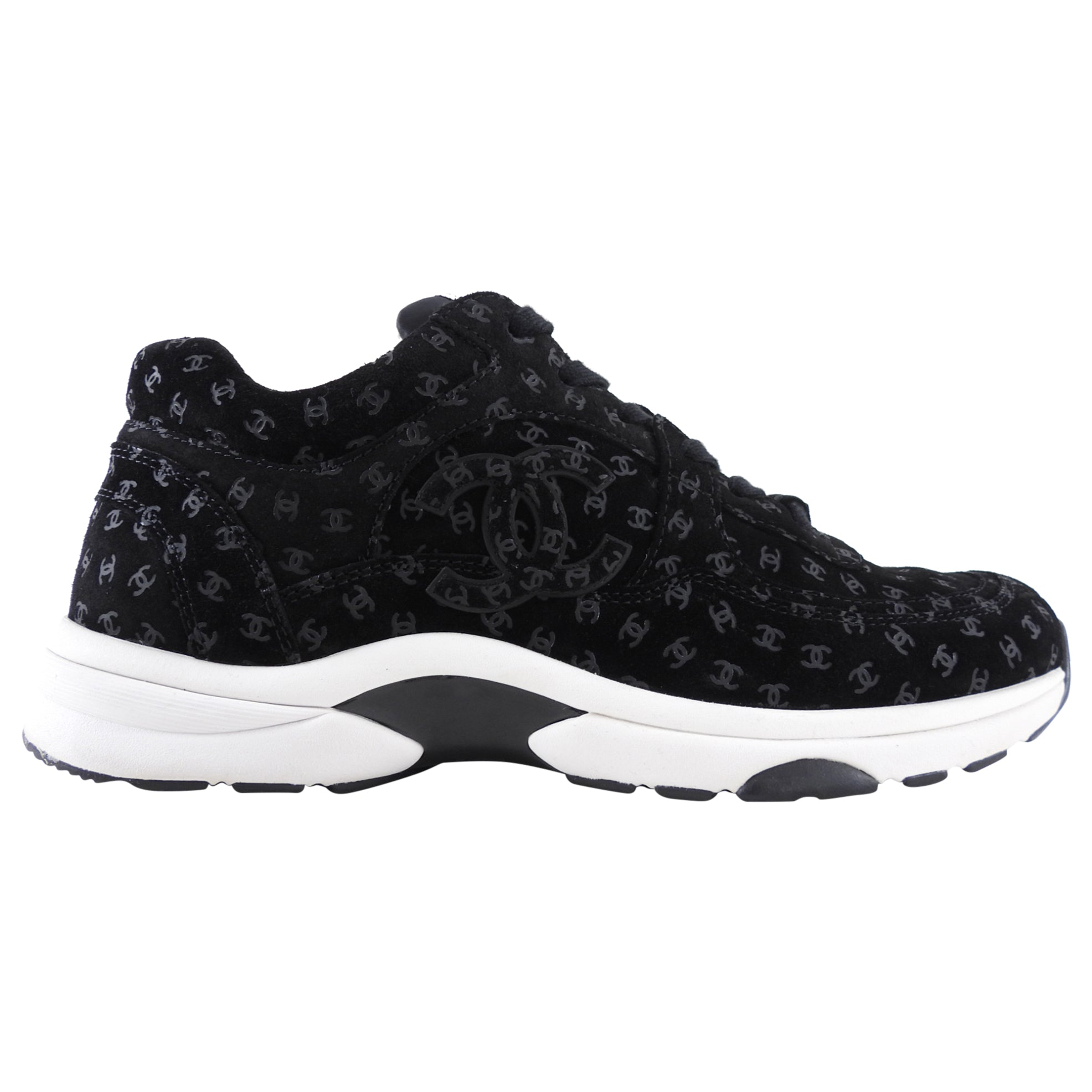 Chanel 22A Black Suede Interlocking CC All Over Logo Sneakers - 40