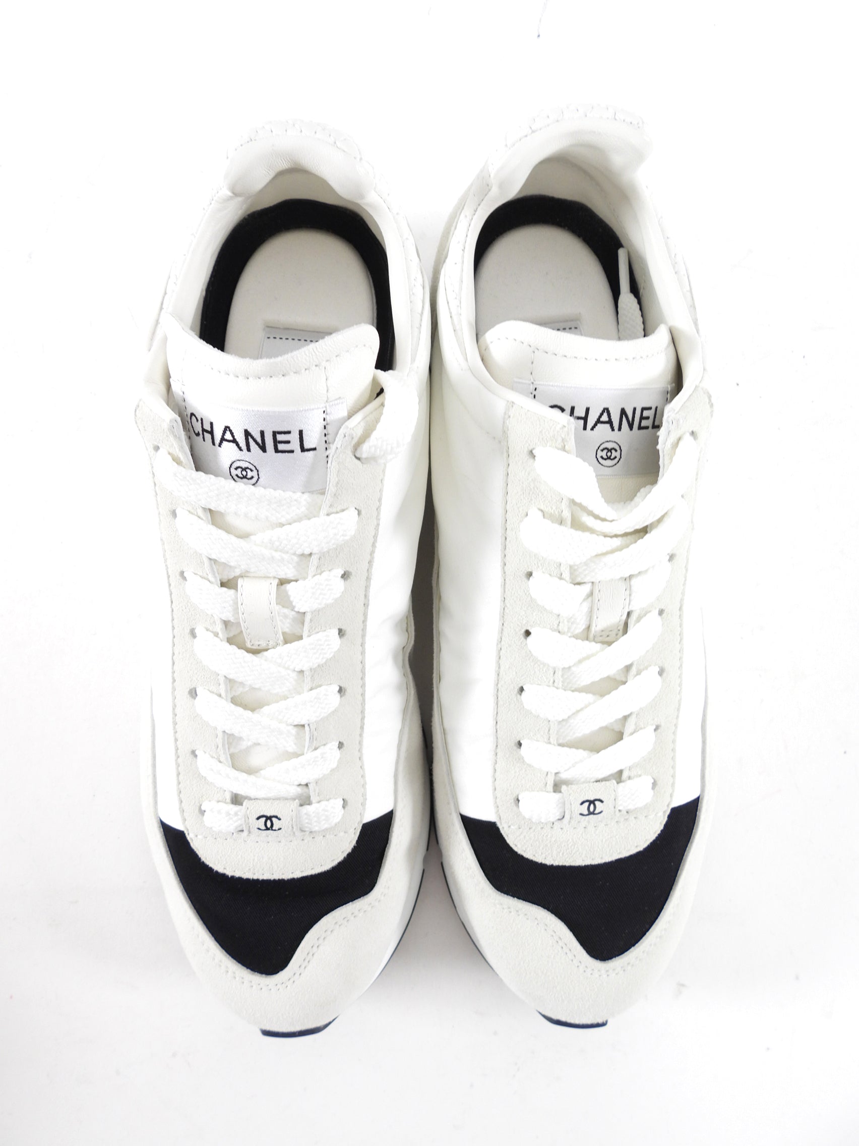 Chanel 24P White and Light Grey Nylon Suede Sneakers - 39.5