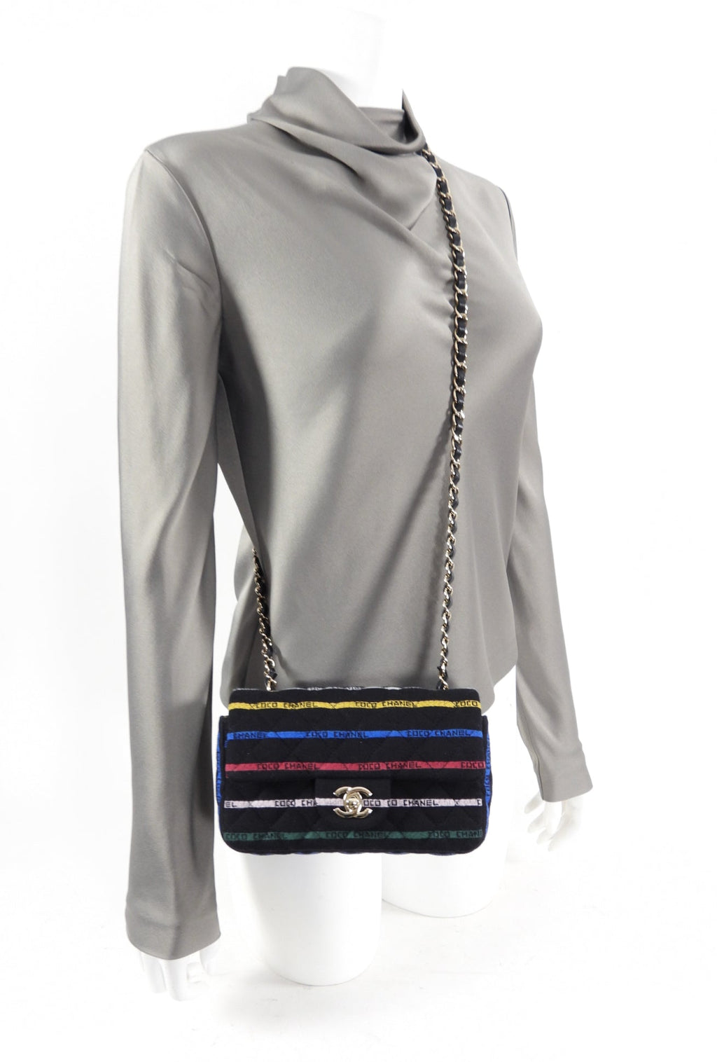 Chanel 22S Jersey Logo Mini Stripe Classic Flap Bag