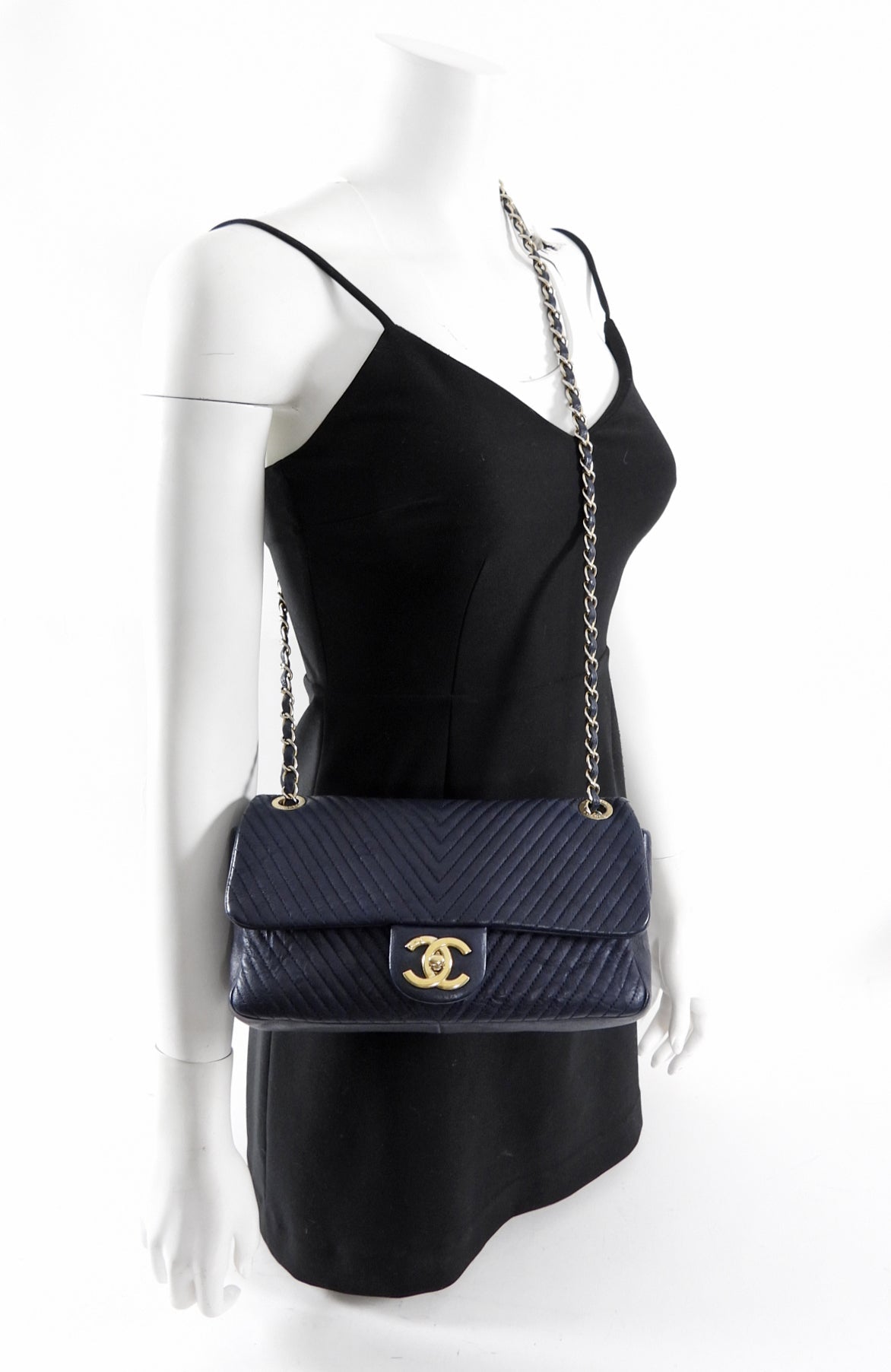 Chanel Surpique Chevron Navy Quilted Small Flap Bag