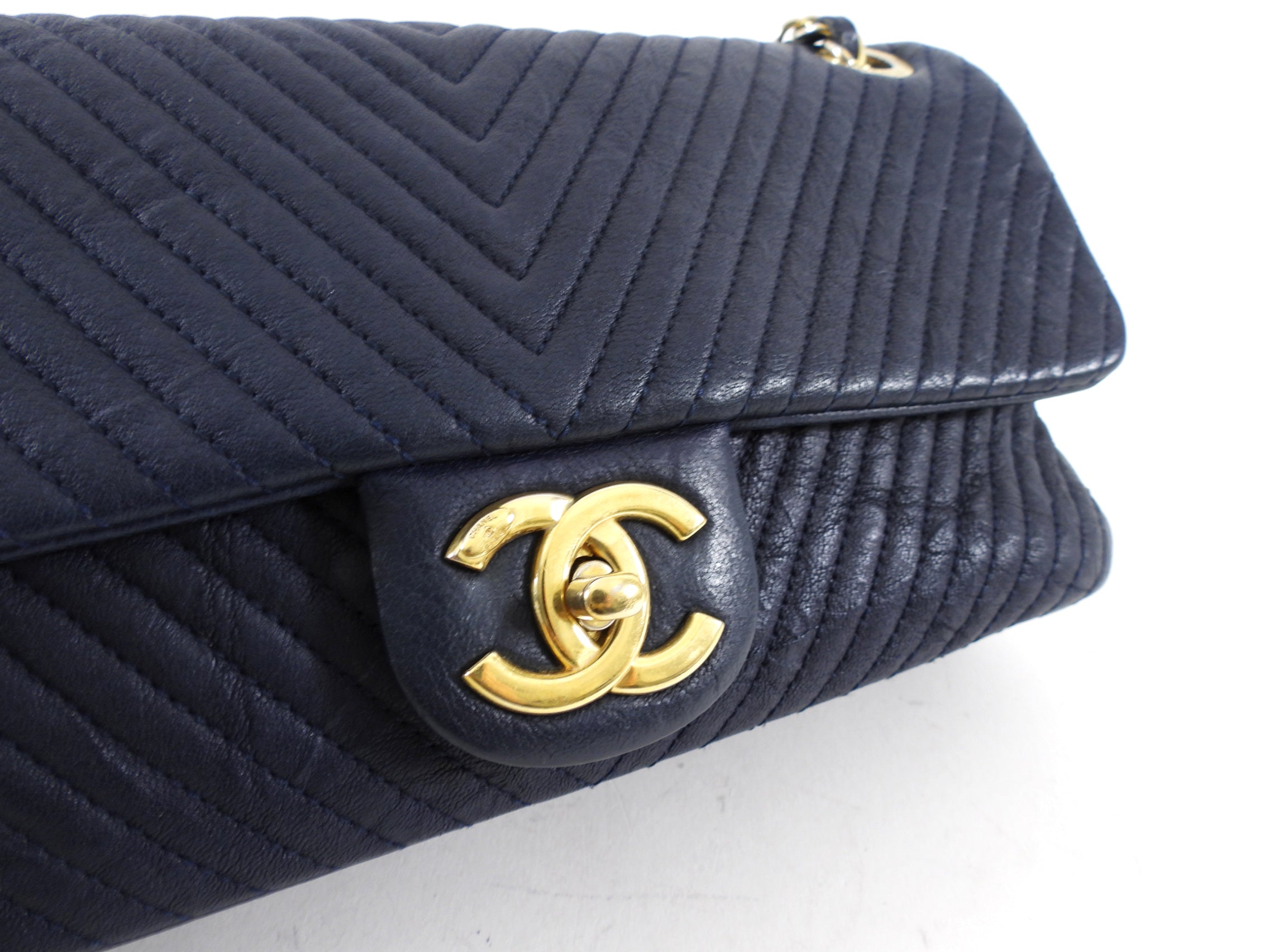 Chanel Surpique Chevron Navy Quilted Small Flap Bag