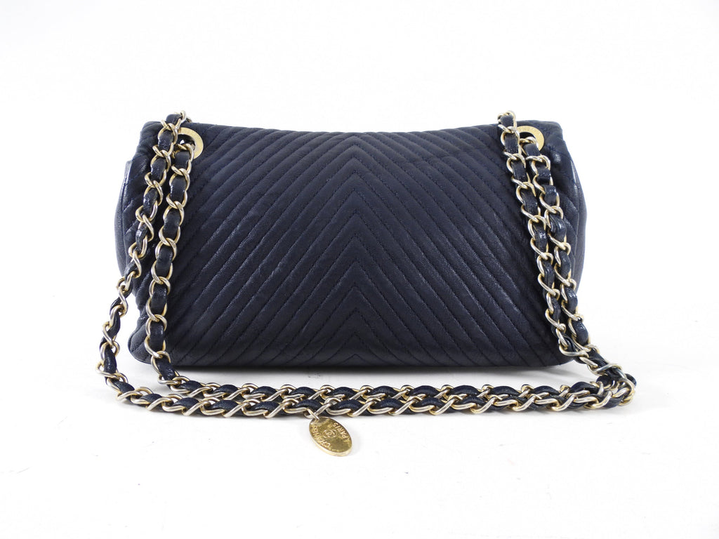Chanel Surpique Chevron Navy Quilted Small Flap Bag