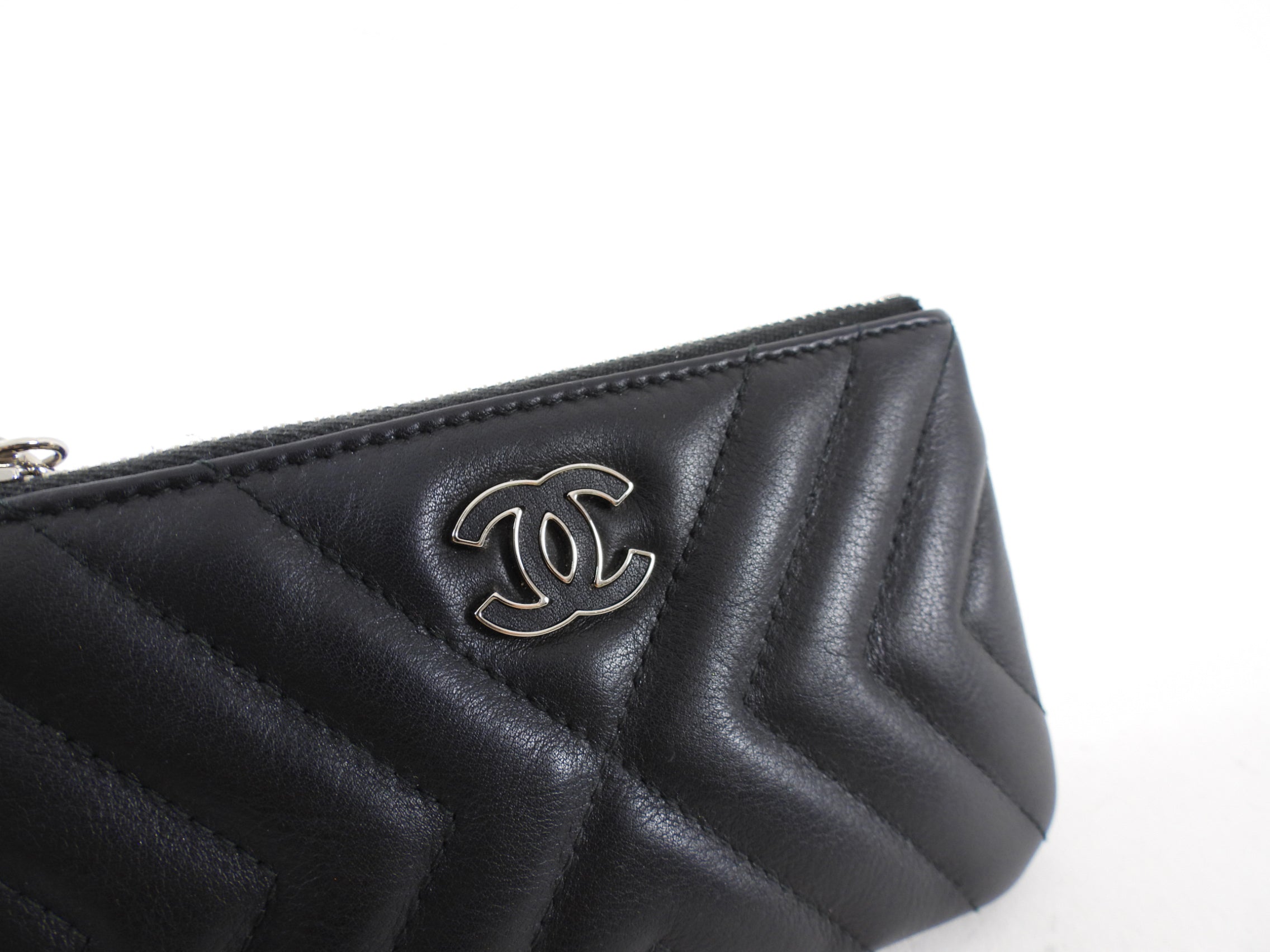Chanel Black Leather Chevron Tassel Mini Zip Pouch