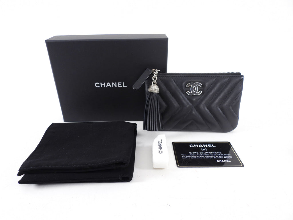 Chanel Black Leather Chevron Tassel Mini Zip Pouch