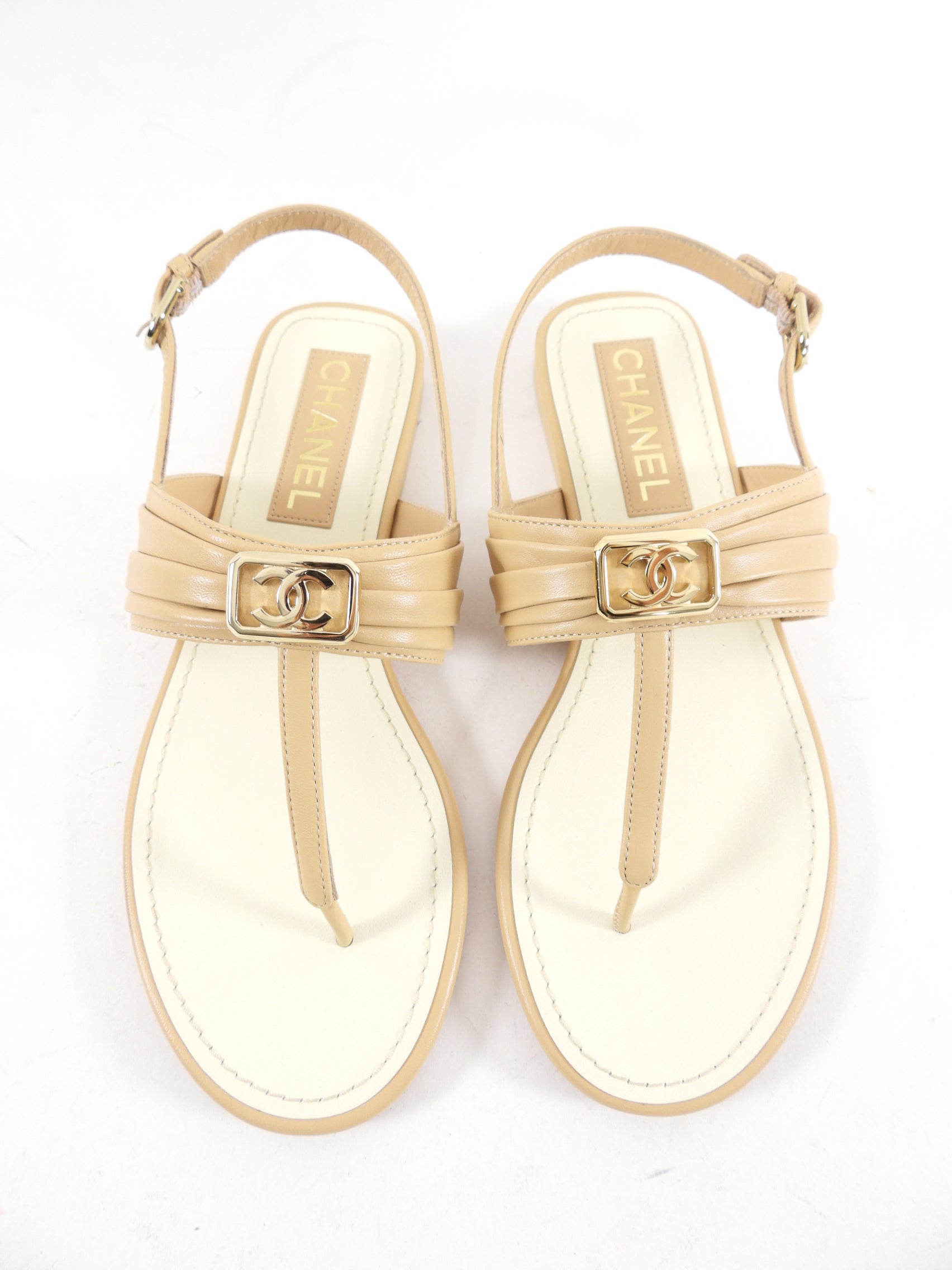 Chanel Beige Leather CC Logo Thong Sandals - 37.5 C