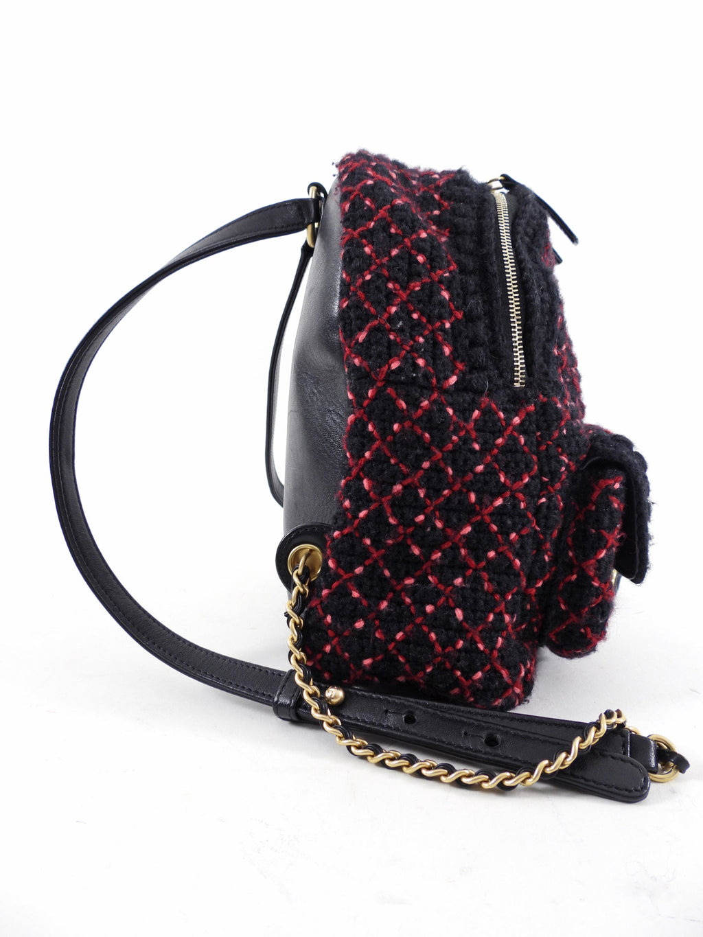 Chanel Black and Red Tweed Small CC Chain Backpack