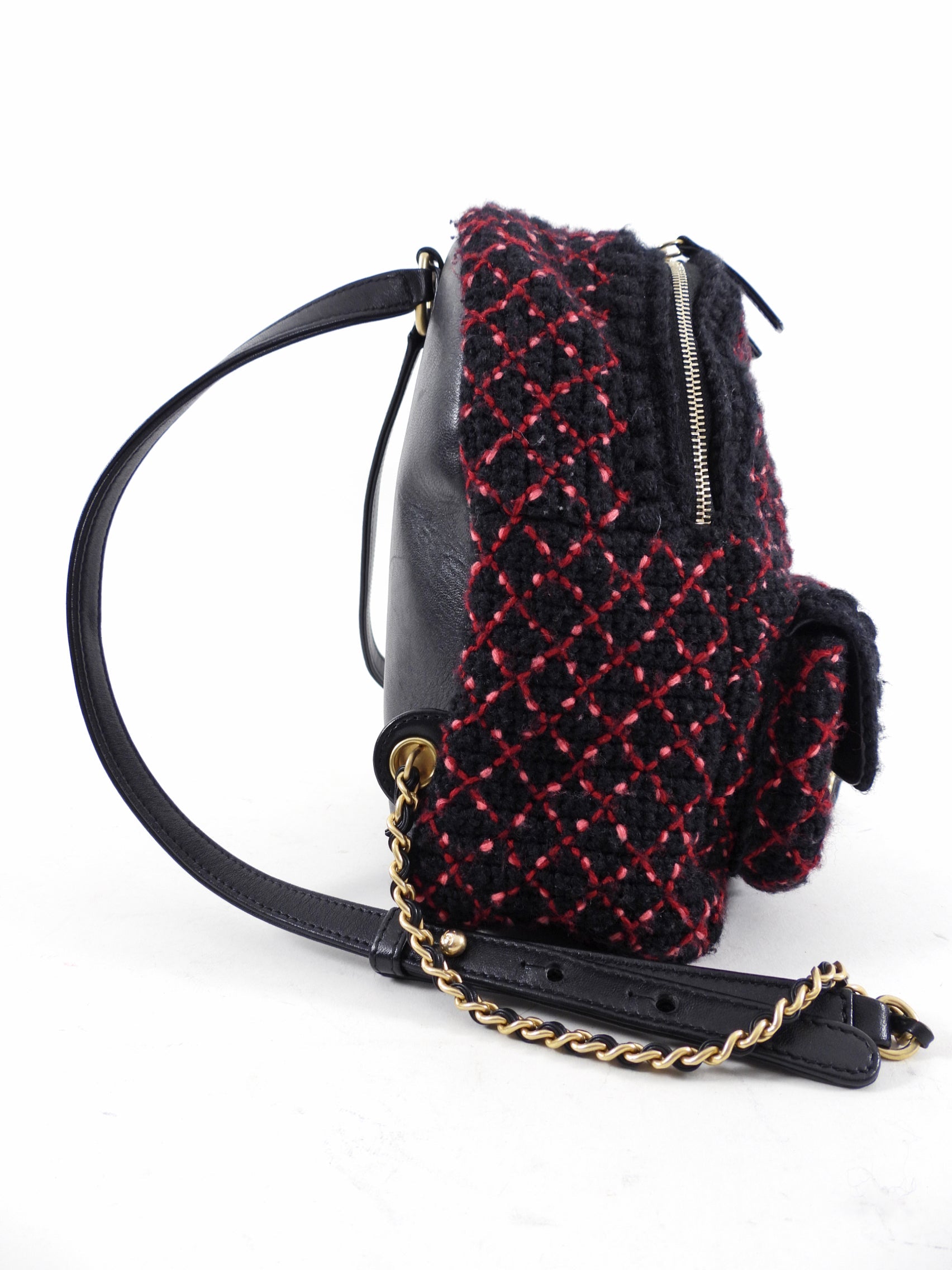Chanel Black and Red Tweed Small CC Chain Backpack