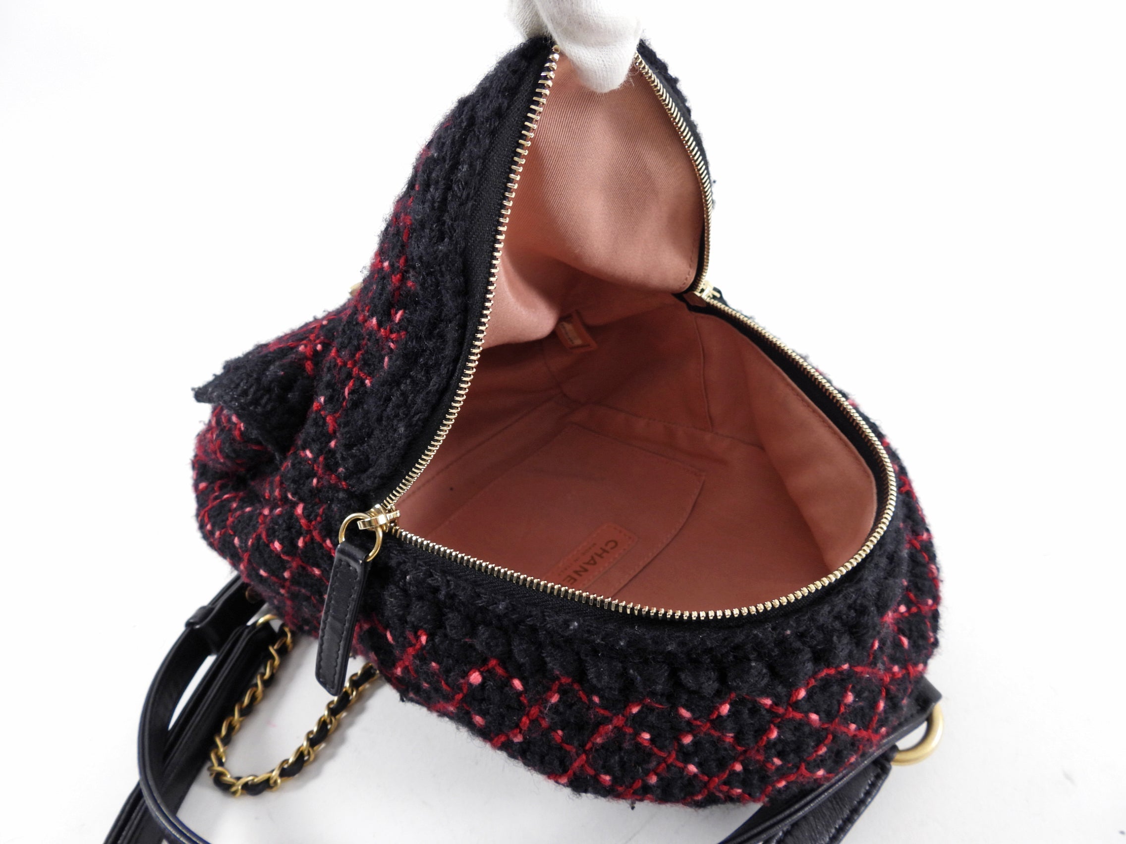 Chanel Black and Red Tweed Small CC Chain Backpack