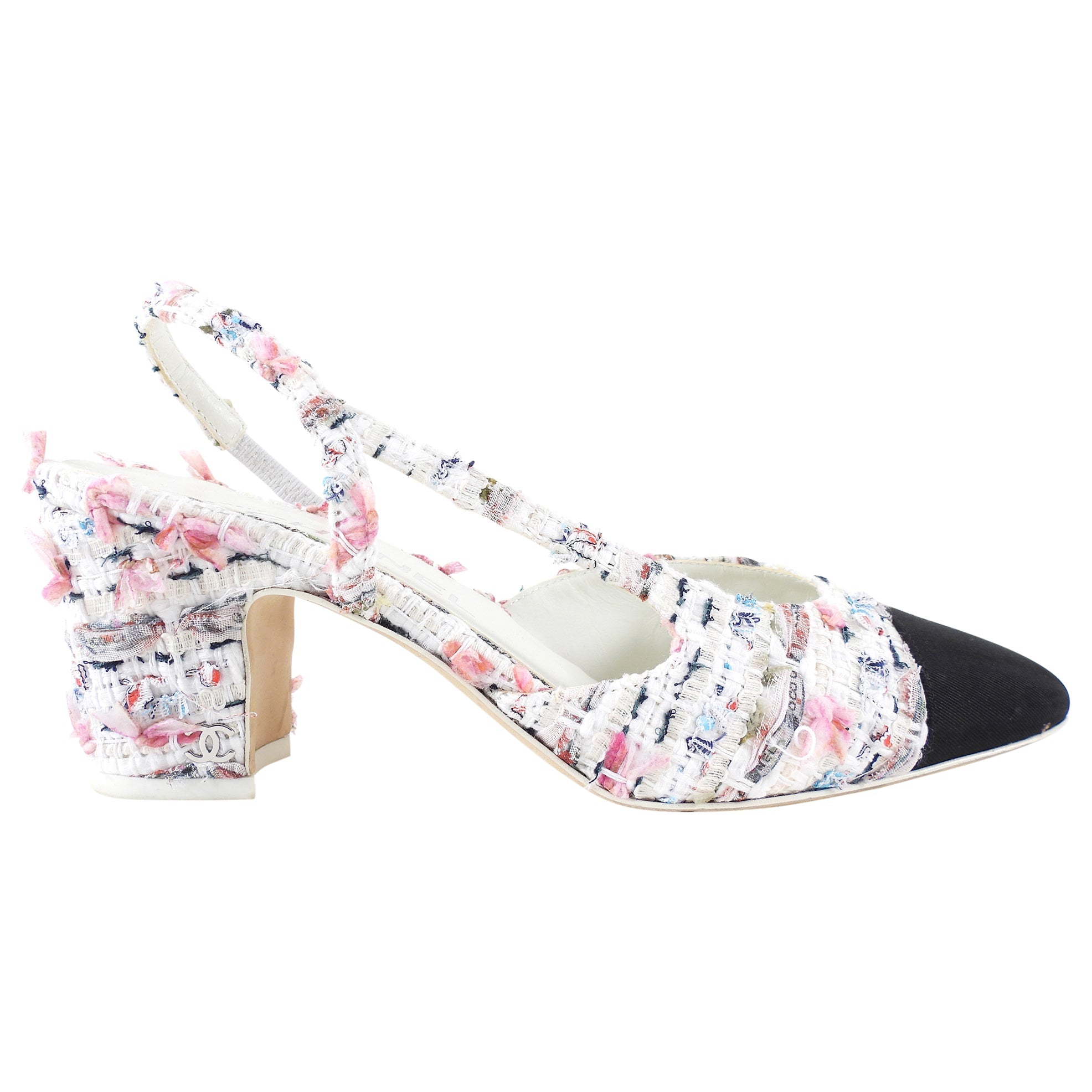 Chanel 2023 Pink and White Tweed Cap Toe Slingback Heels - 37