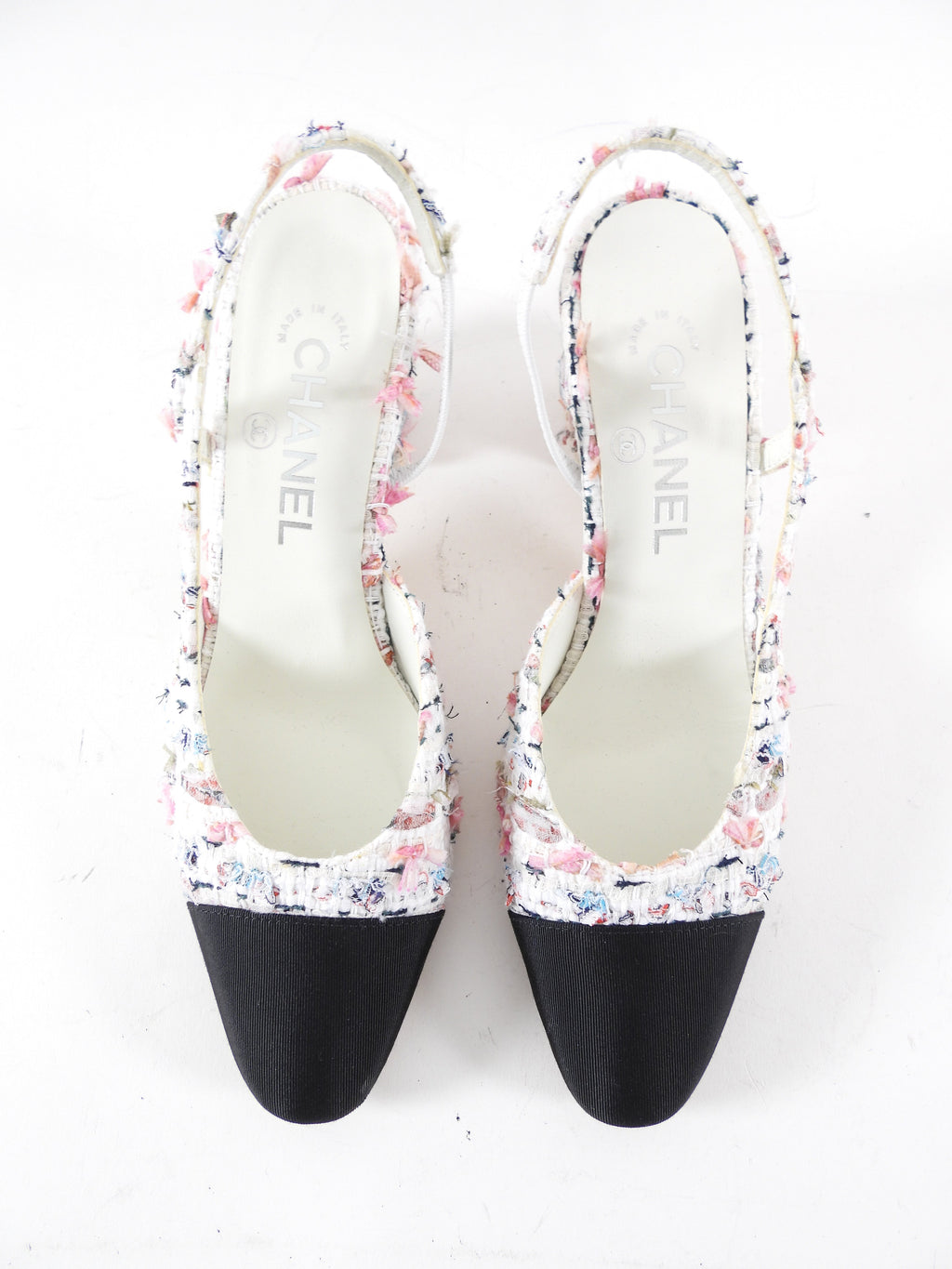 Chanel 2023 Pink and White Tweed Cap Toe Slingback Heels - 37
