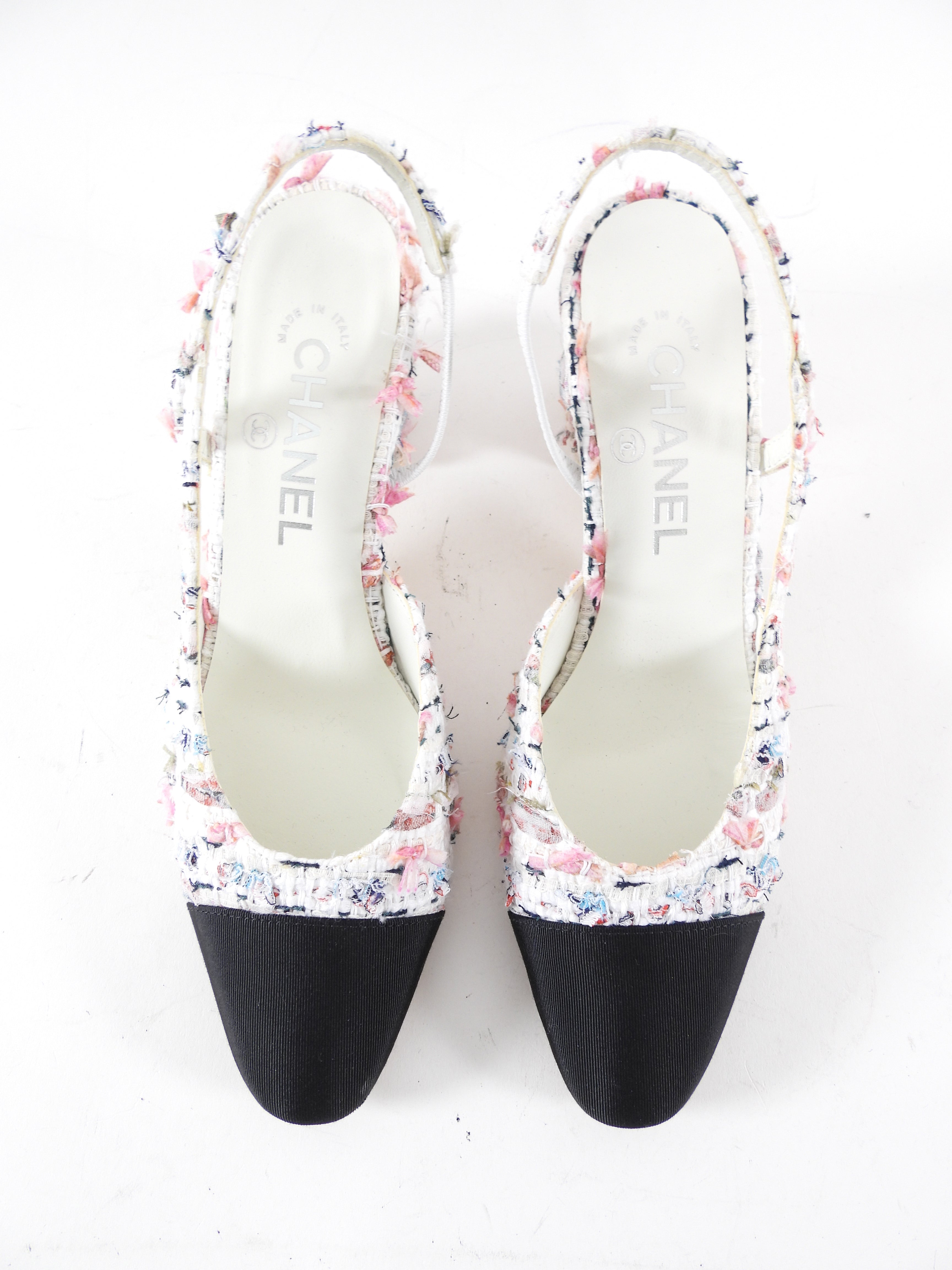 Chanel 2023 Pink and White Tweed Cap Toe Slingback Heels - 37