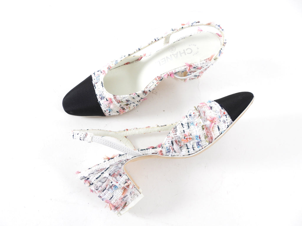 Chanel 2023 Pink and White Tweed Cap Toe Slingback Heels - 37