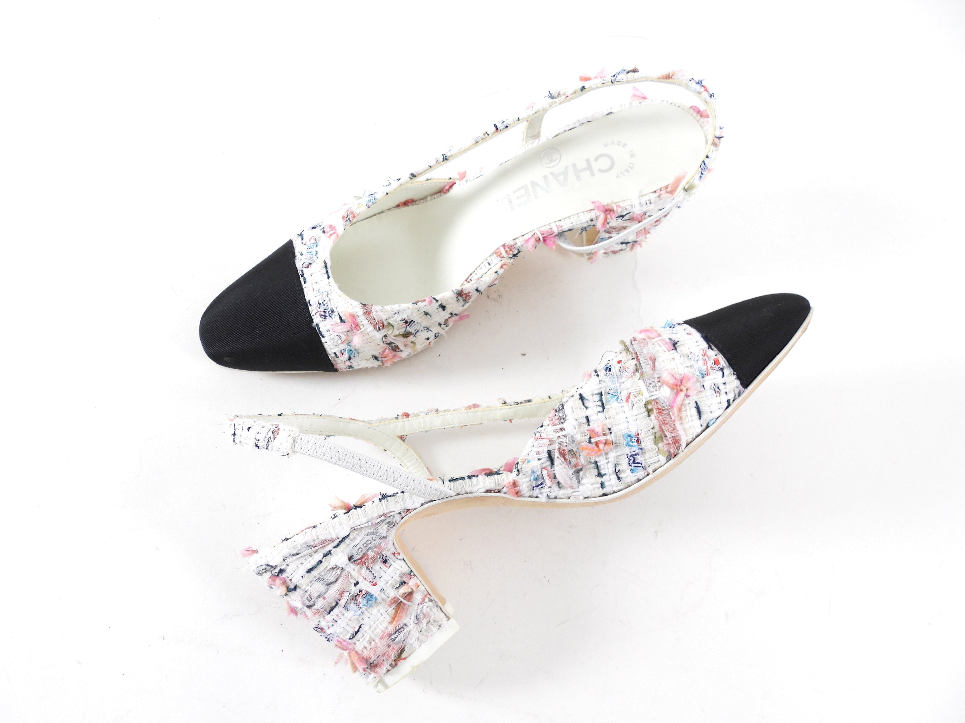 Chanel 2023 Pink and White Tweed Cap Toe Slingback Heels - 37