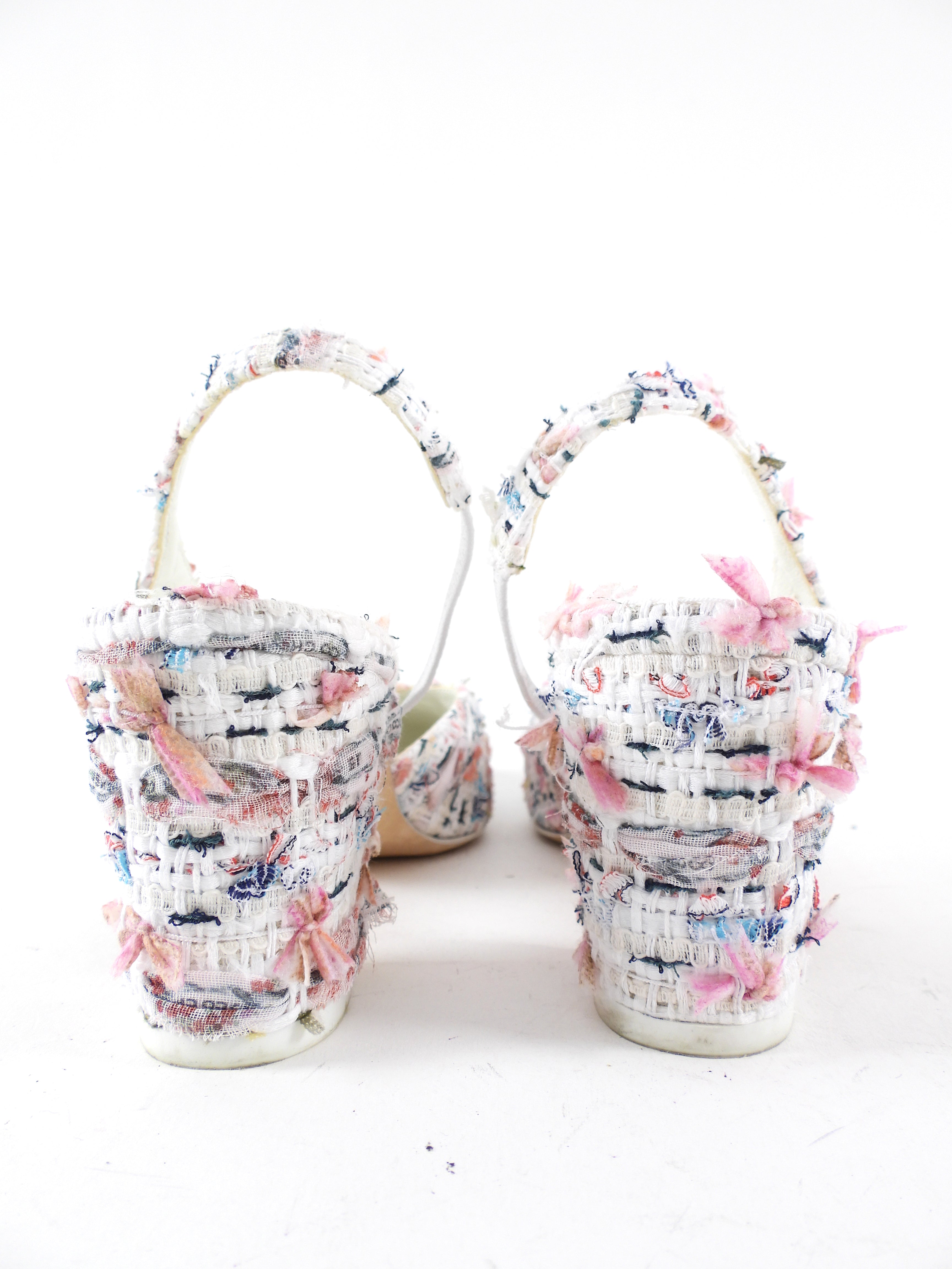 Chanel 2023 Pink and White Tweed Cap Toe Slingback Heels - 37