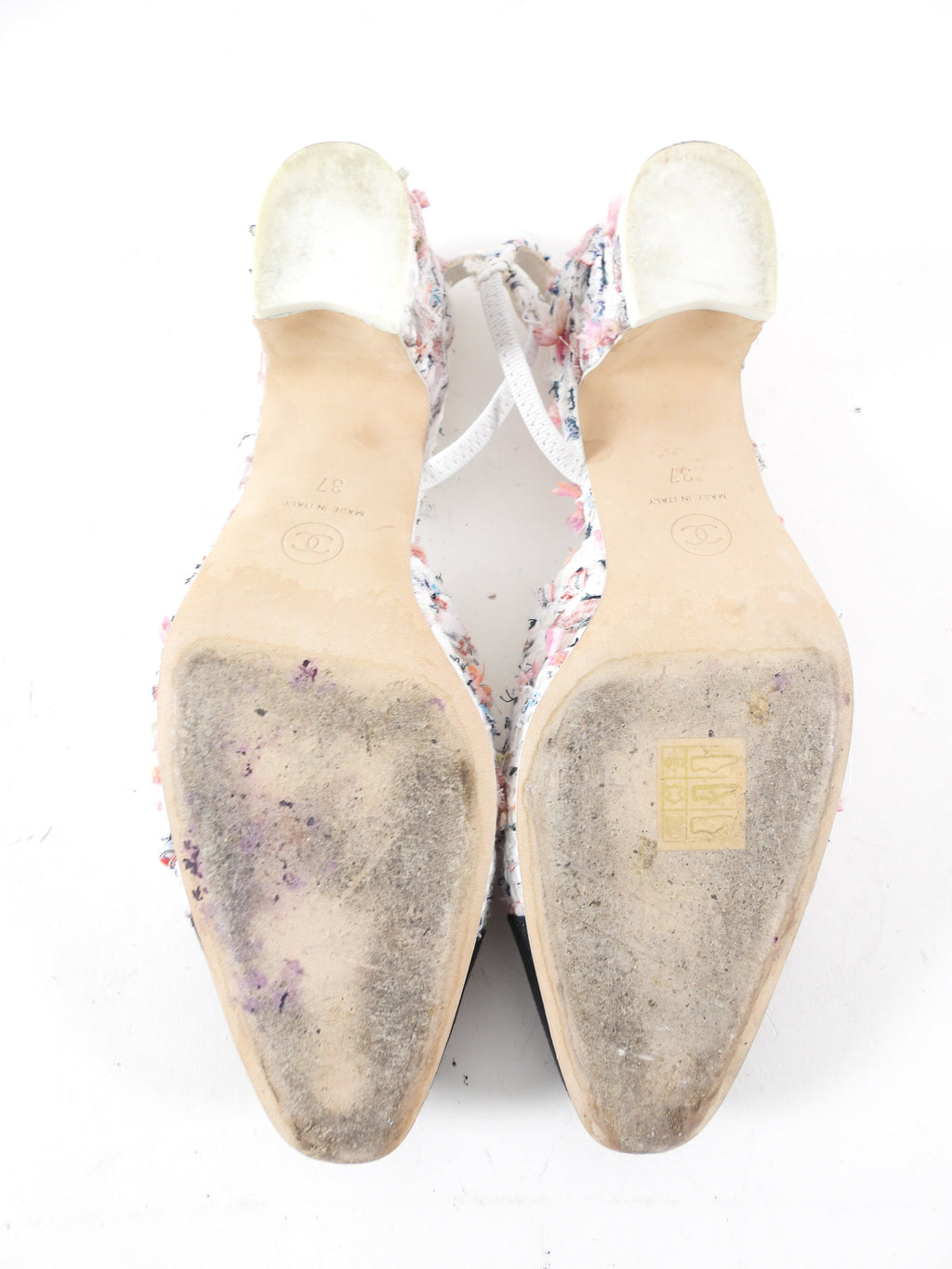 Chanel 2023 Pink and White Tweed Cap Toe Slingback Heels - 37