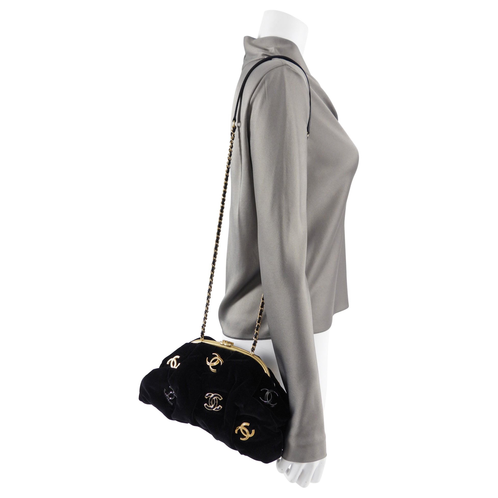 Chanel Black Velvet CC Shoulder Bag / Pouch