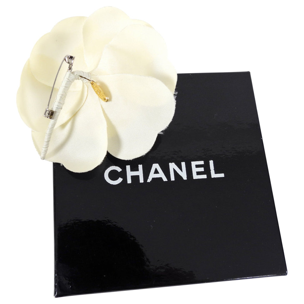 Chanel Vintage 1980’s Ivory Silk Satin Camelia Flower Brooch