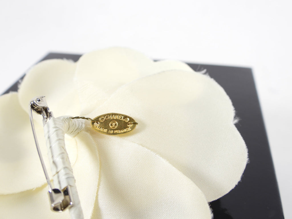 Chanel Vintage 1980’s Ivory Silk Satin Camelia Flower Brooch