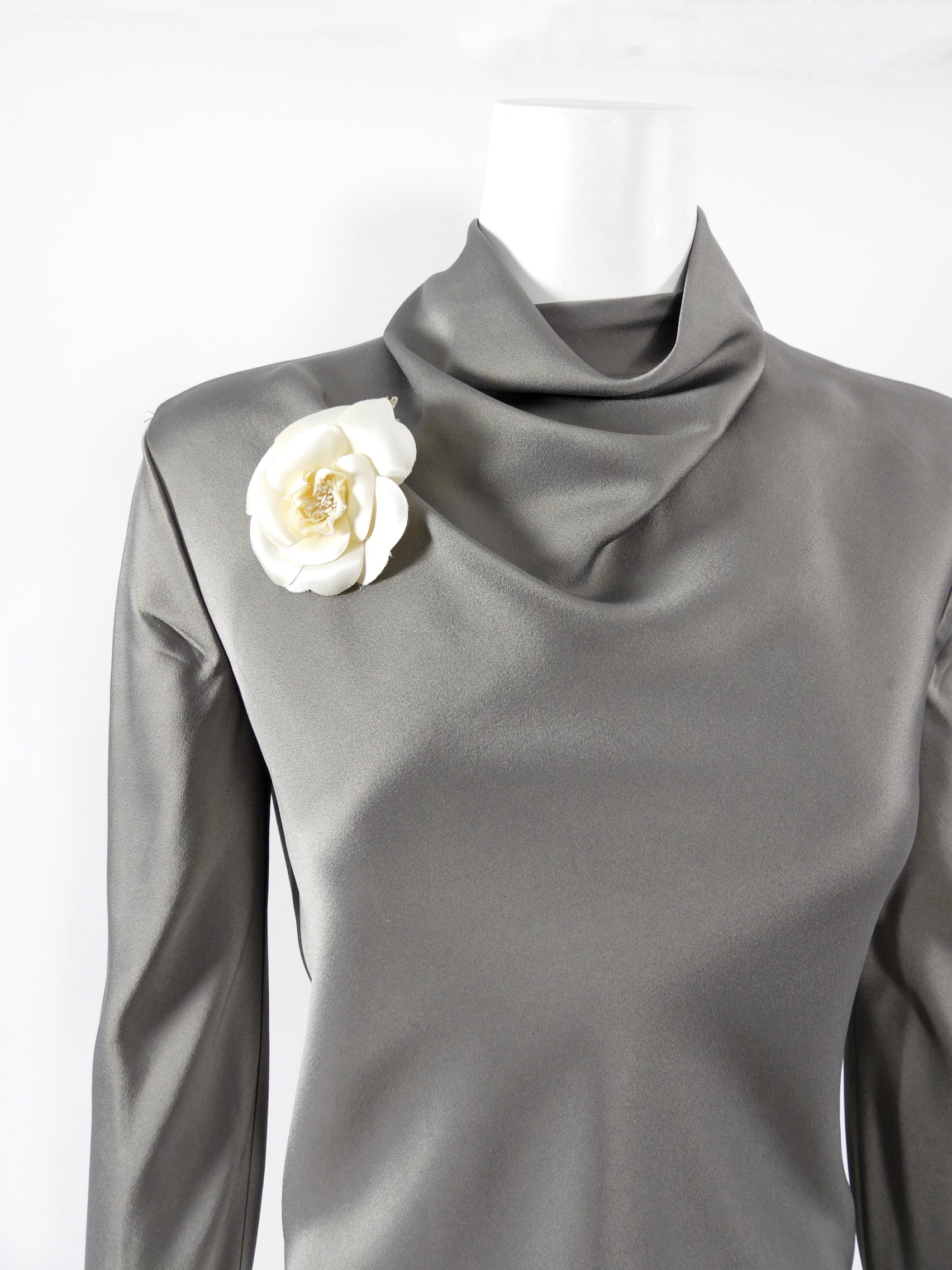Chanel Vintage 1980’s Ivory Silk Satin Camelia Flower Brooch