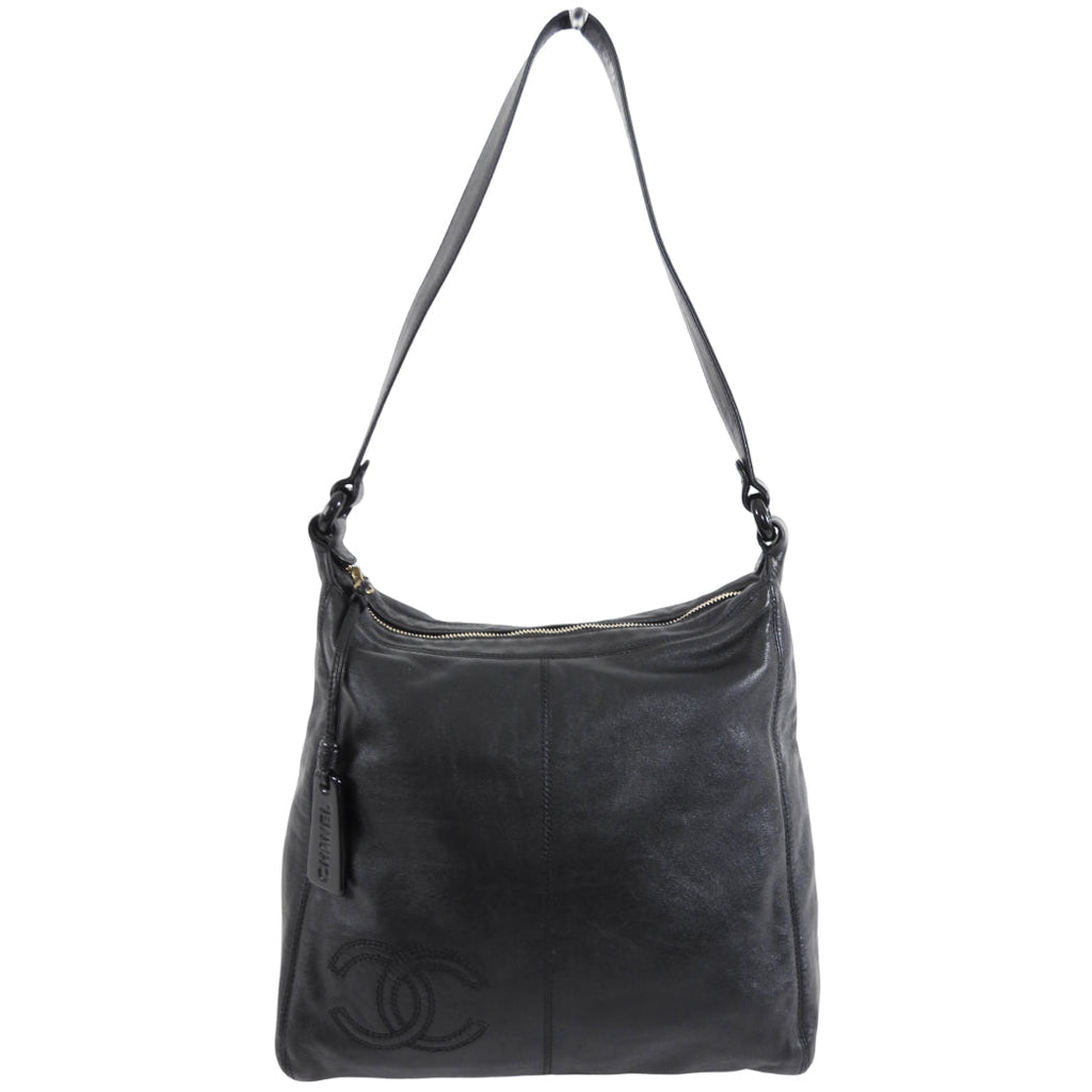Chanel Vintage 1997 Black Leather CC Small Hobo Shoulder Bag