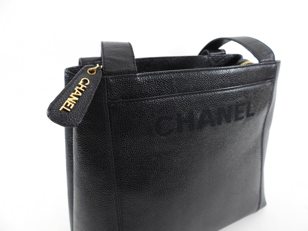 Chanel Vintage 1996-7 Black Caviar Leather Embroidered Logo Small Tote Bag