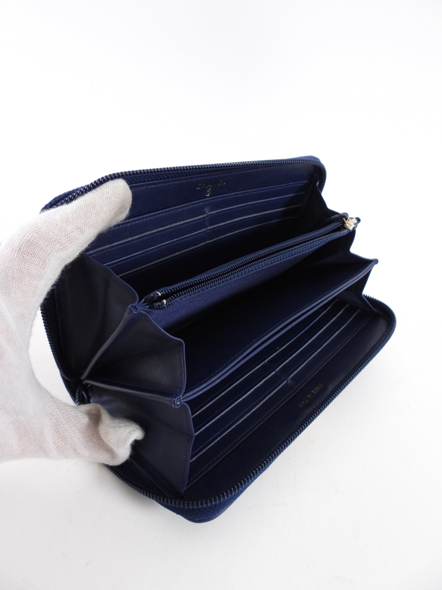 Chanel Dark Blue Lambskin Quilted Boy Zip Around Continental Wallet