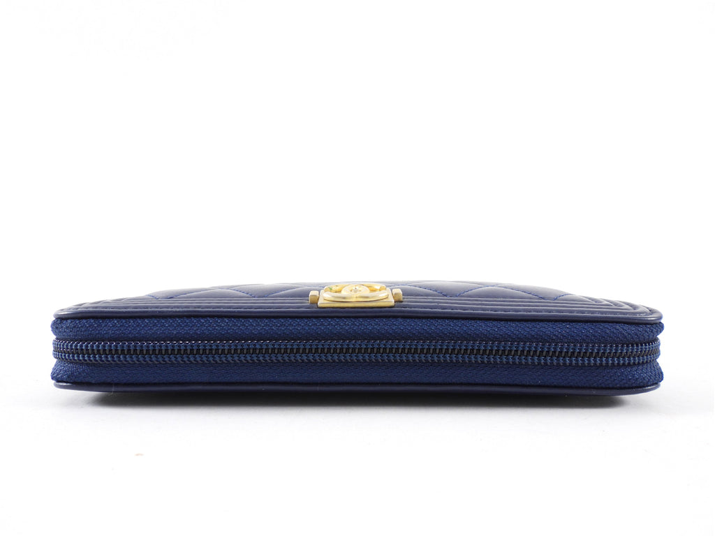 Chanel Dark Blue Lambskin Quilted Boy Zip Around Continental Wallet