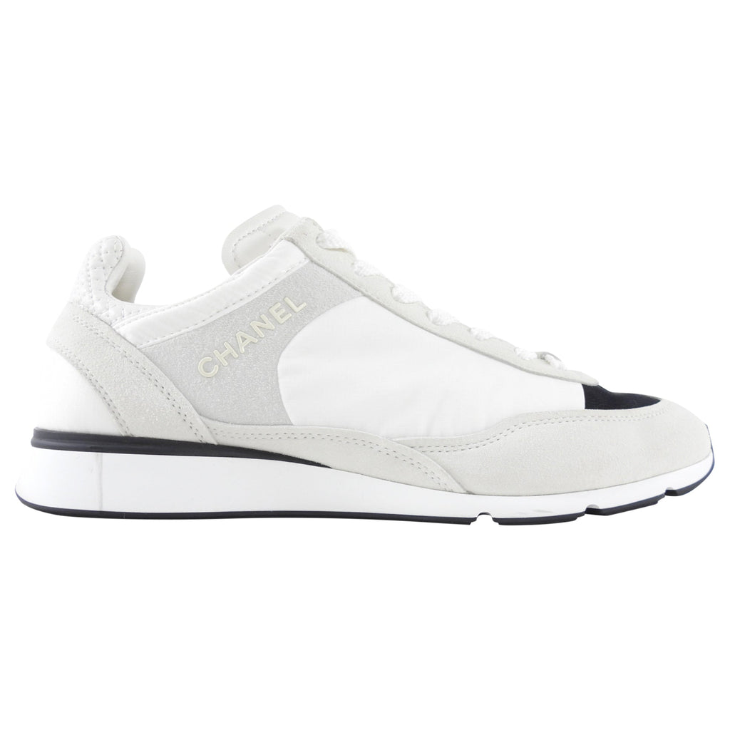 Chanel 24P White and Light Grey Nylon Suede Sneakers - 39.5