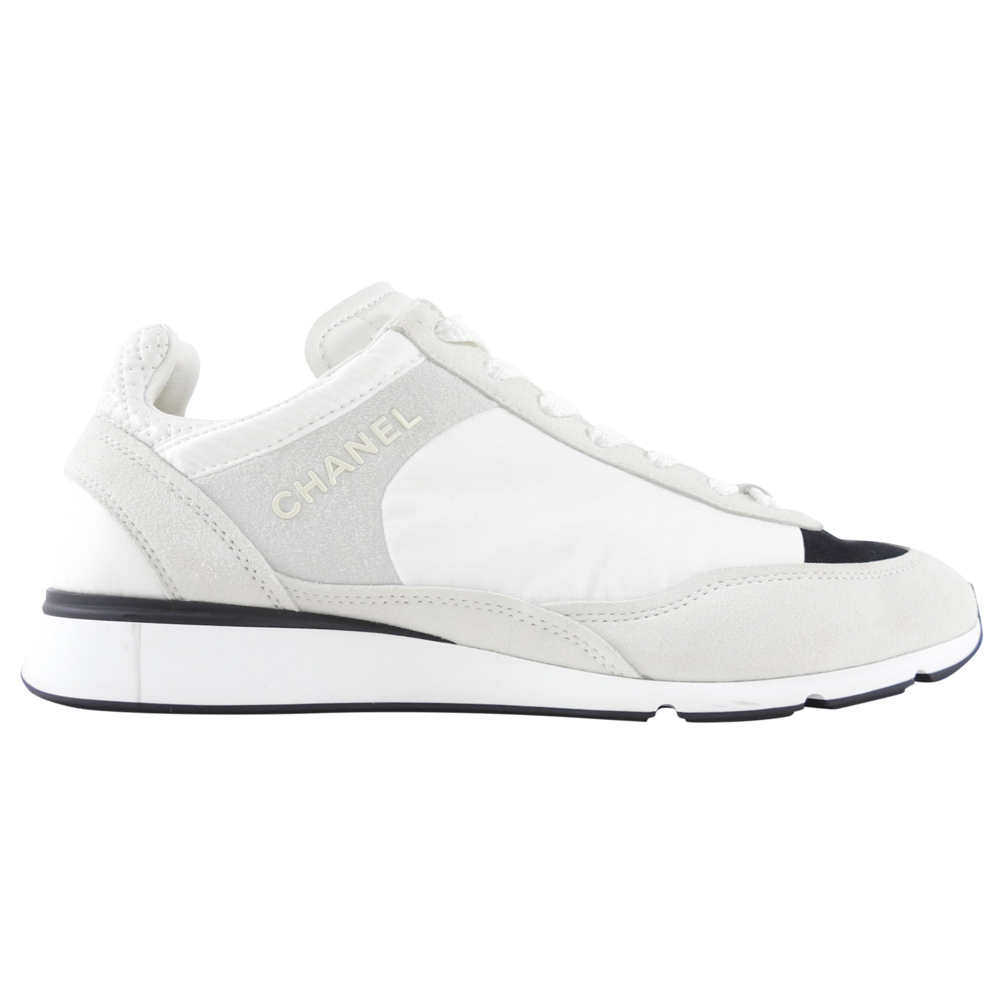 Chanel 24P White and Light Grey Nylon Suede Sneakers - 39.5