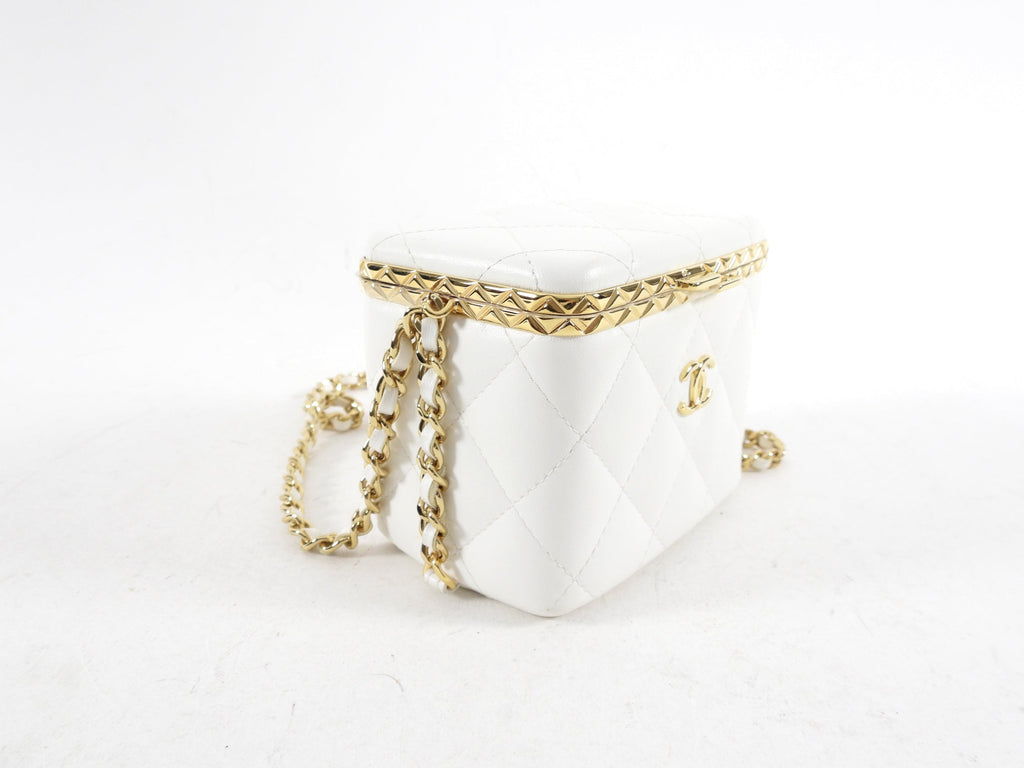 Chanel 22S White Lambskin Quilted Mini Box Chain Vanity Bag