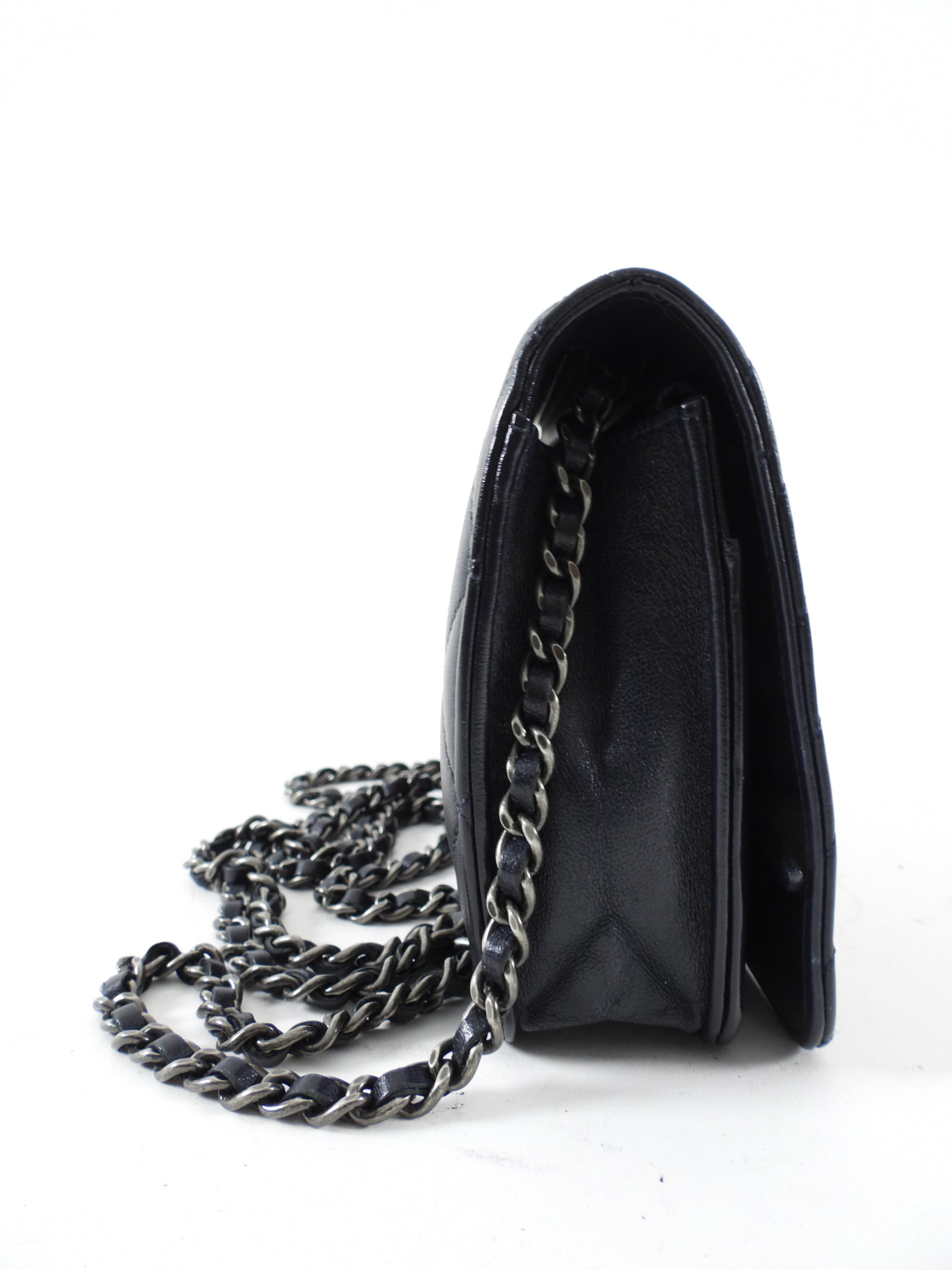 Chanel Coco Boy Black Leather Quilted Wallet on Chain