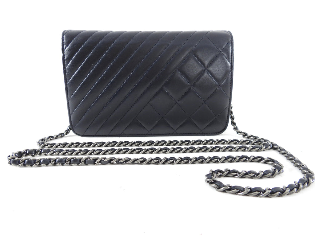 Chanel Coco Boy Black Leather Quilted Wallet on Chain