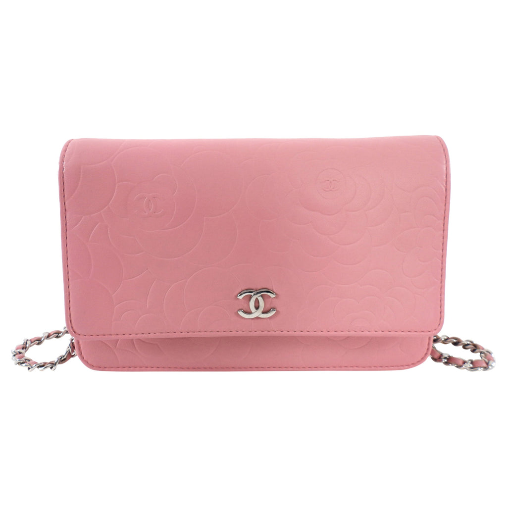 Chanel Light Pink Camelia Embossed Classic Wallet on Chain Bag