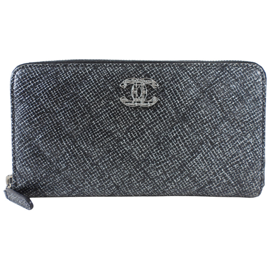 Chanel Black and Silver Leather Quilted CC Zip Continental Wallet