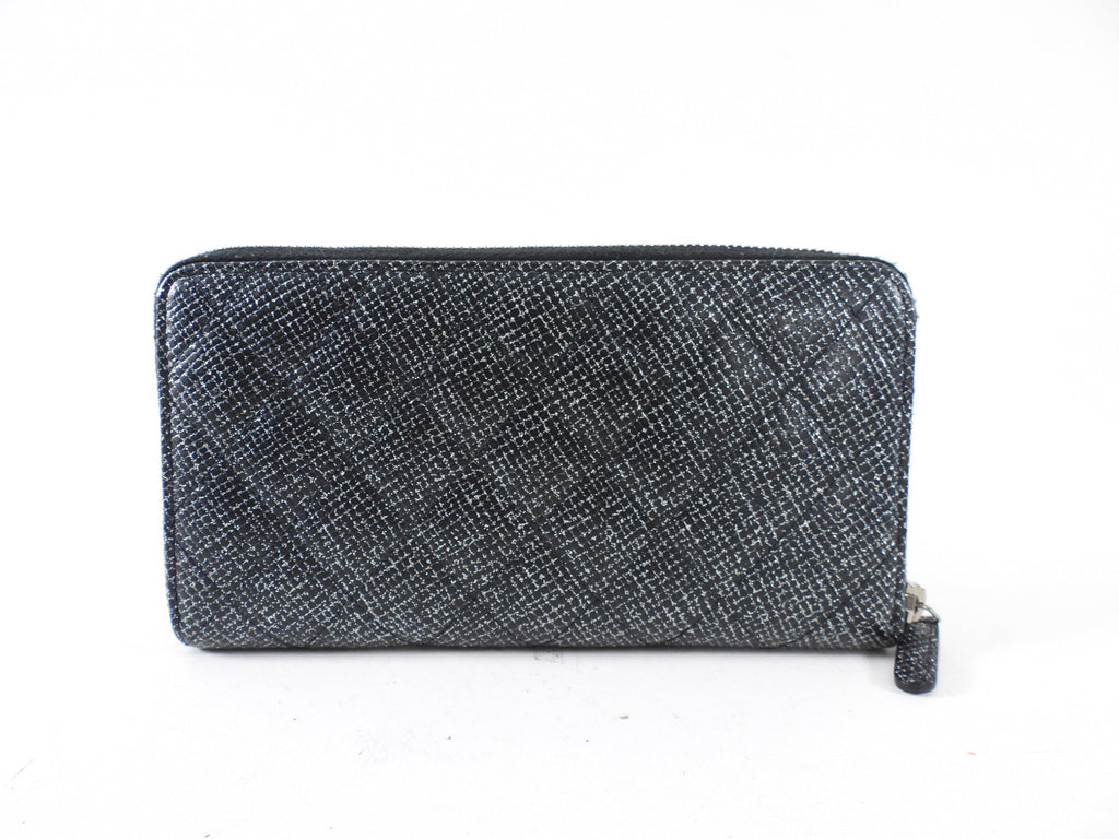 Chanel Black and Silver Leather Quilted CC Zip Continental Wallet