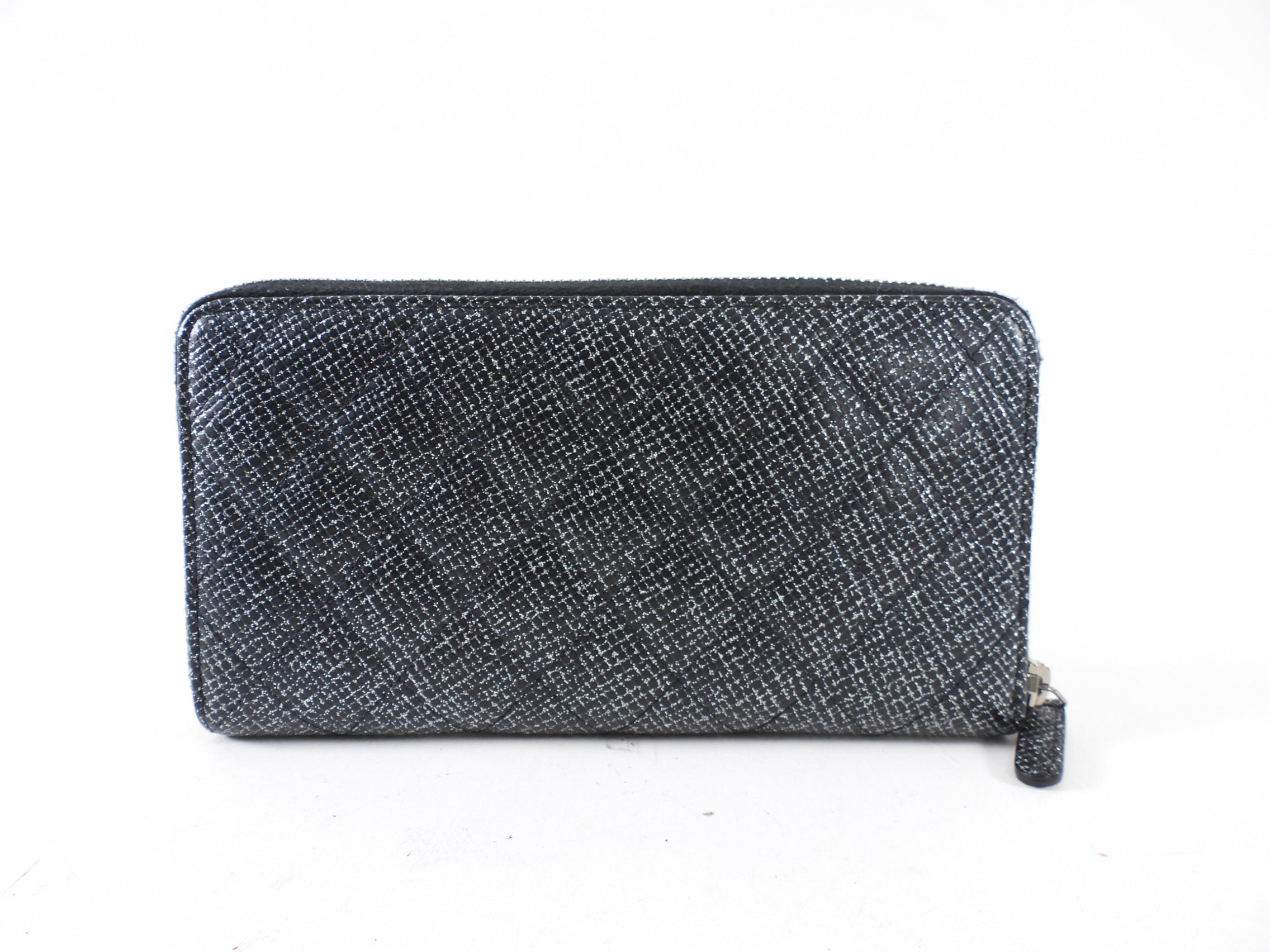 Chanel Black and Silver Leather Quilted CC Zip Continental Wallet