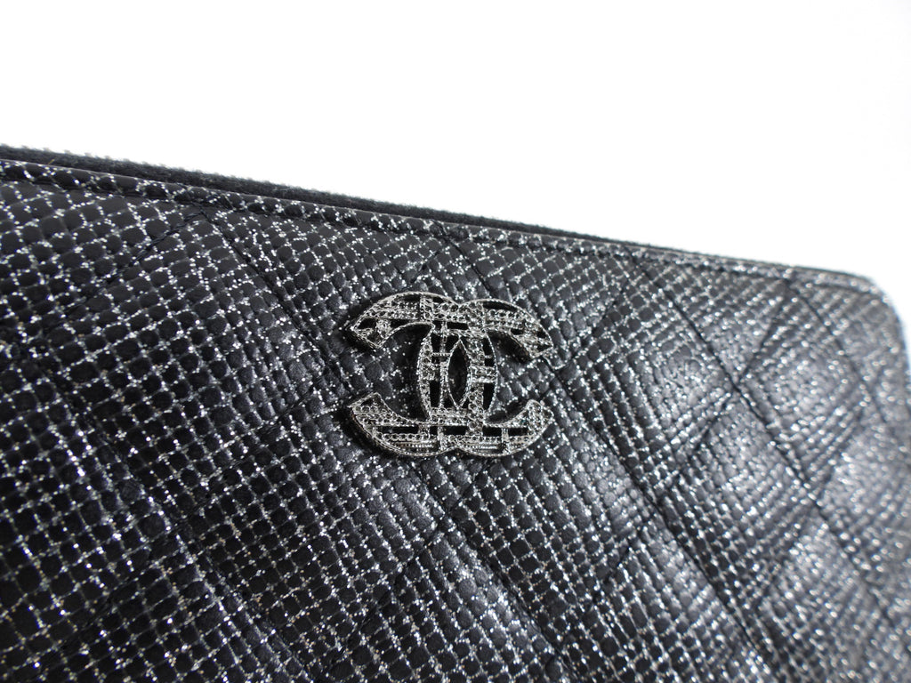 Chanel Black and Silver Leather Quilted CC Zip Continental Wallet