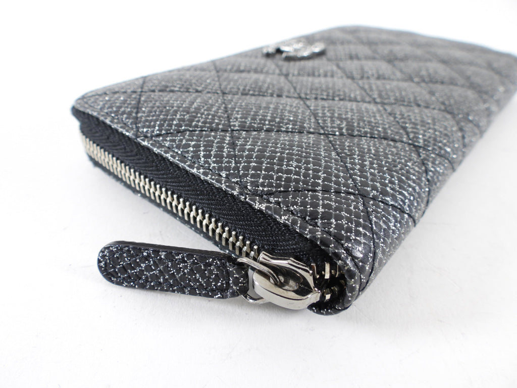 Chanel Black and Silver Leather Quilted CC Zip Continental Wallet
