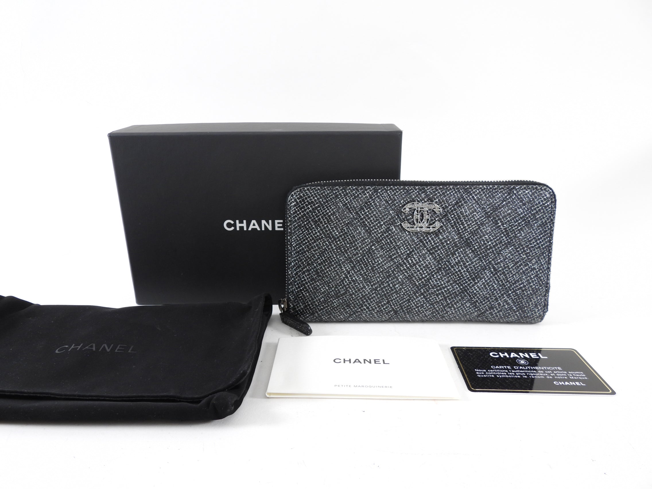 Chanel Black and Silver Leather Quilted CC Zip Continental Wallet