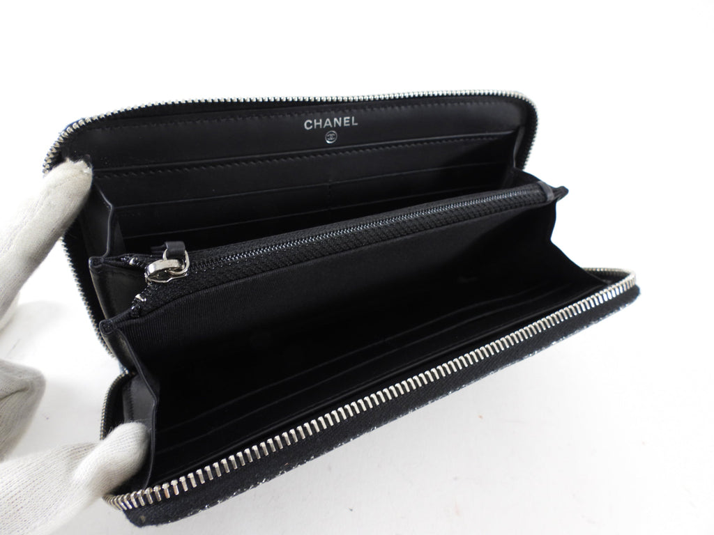 Chanel Black and Silver Leather Quilted CC Zip Continental Wallet