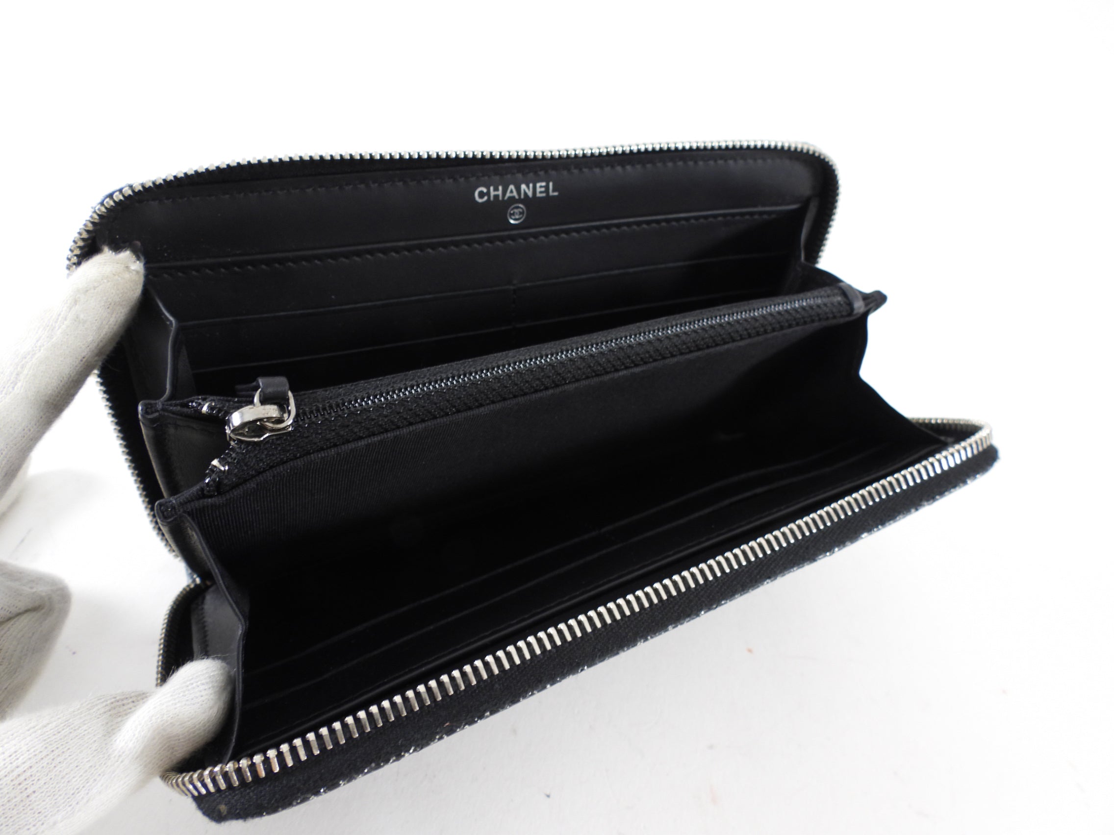 Chanel Black and Silver Leather Quilted CC Zip Continental Wallet