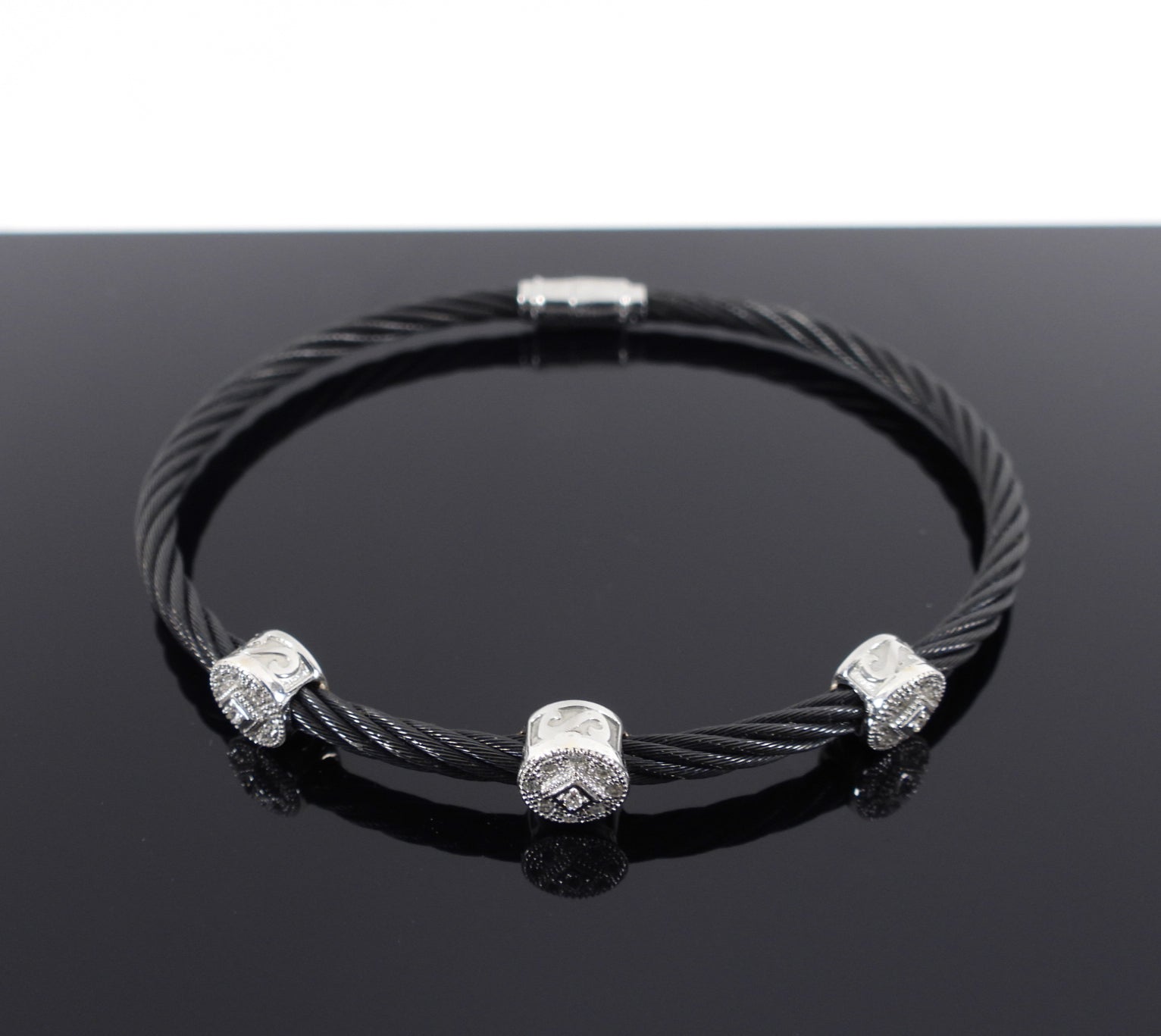 Charriol Black Cable Diamond Three Station Bracelet