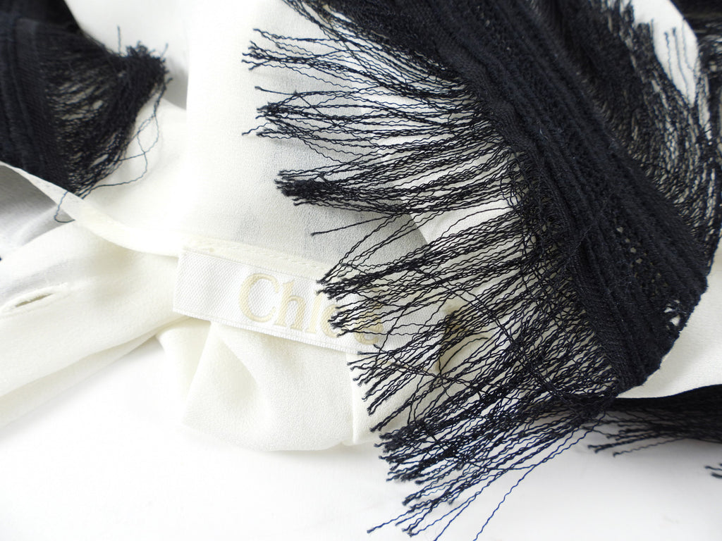 Chloe Ivory Long Sleeve Blouse with Black Fringe Detail - FR38 / USA 6