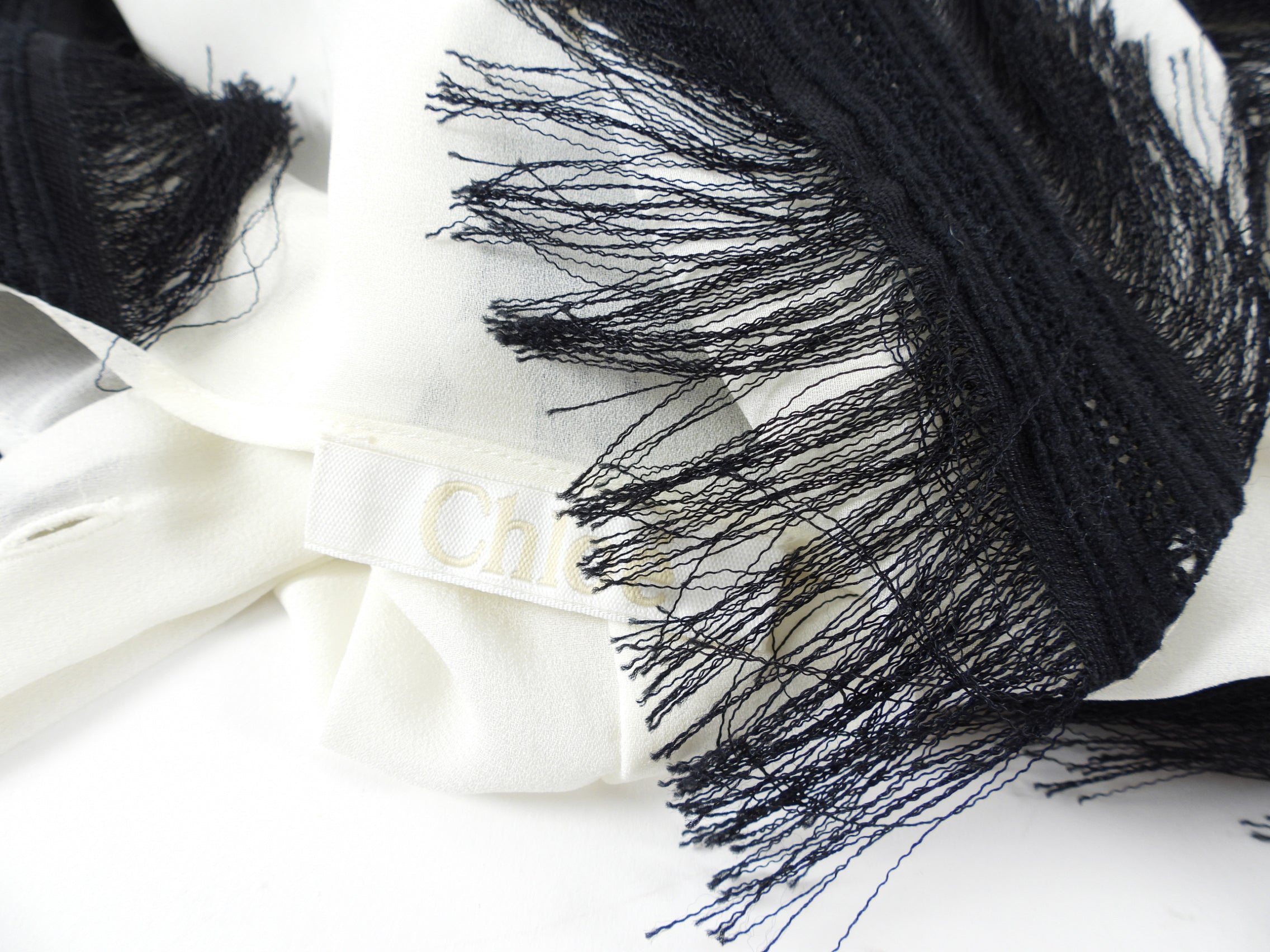 Chloe Ivory Long Sleeve Blouse with Black Fringe Detail - FR38 / USA 6